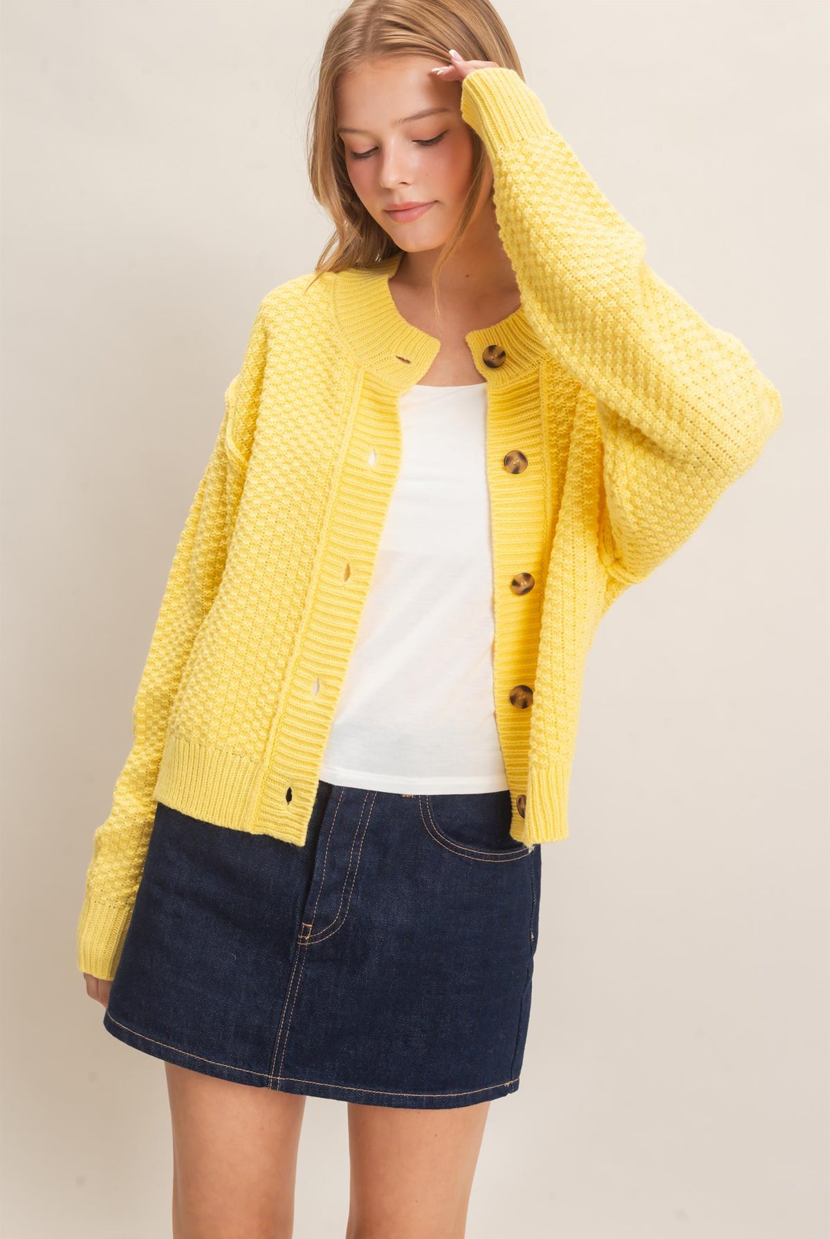 Wholesale Textured Knit Button-Front Cardigan Cardigans HF26C409 BUTTER YELLOW HYFVE