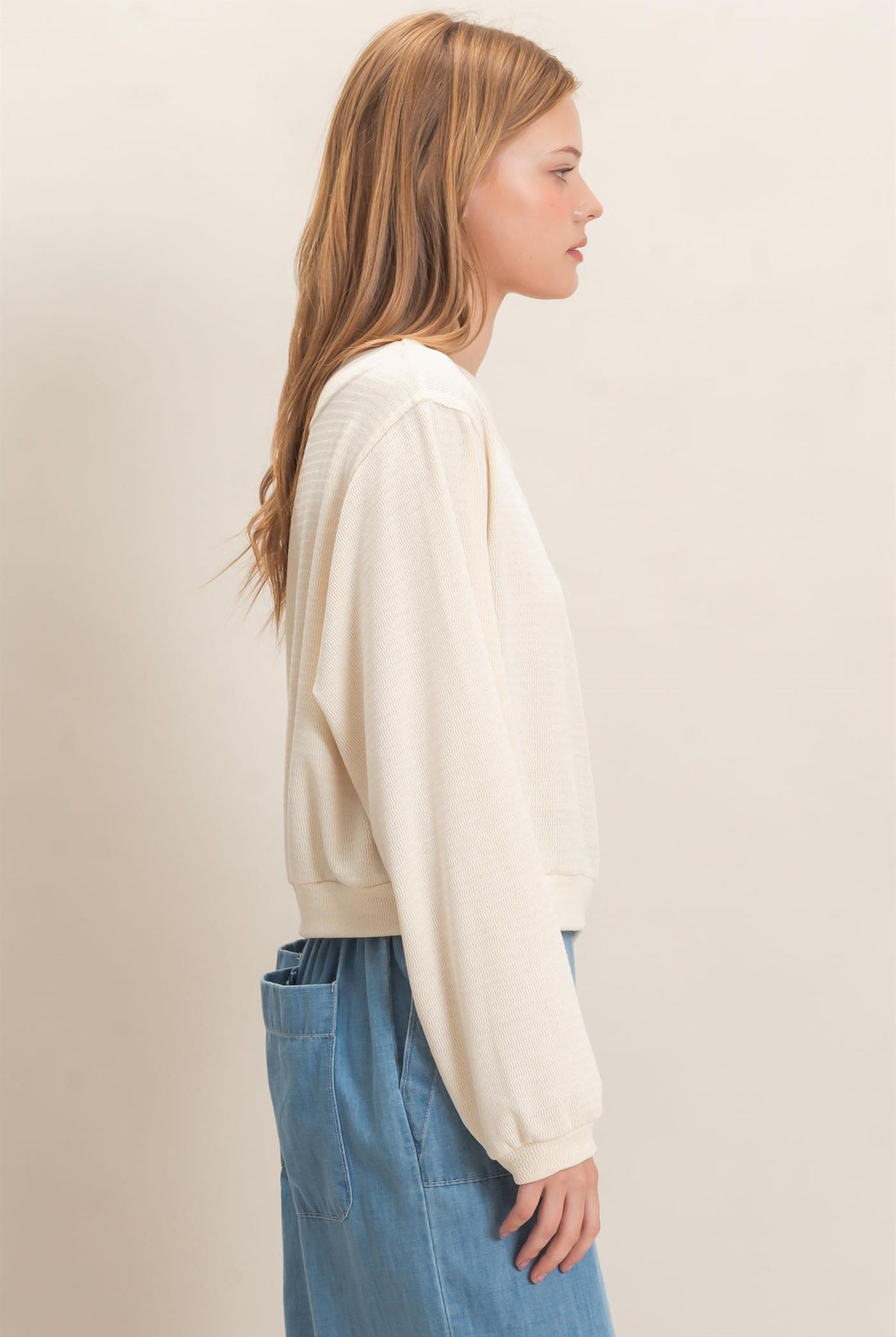 Wholesale Off Shoulder Knit Sweatshirt Blouses HF26F028 CREAM HYFVE