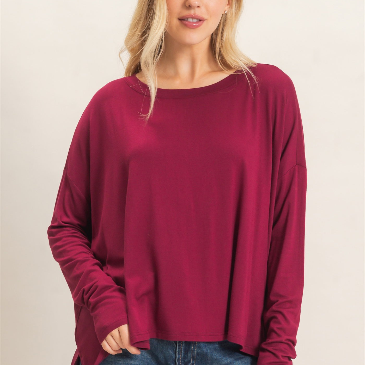 Wholesale Boat Neck Boxy Top Clothing Tops HF26F298 BURGUNDY HYFVE