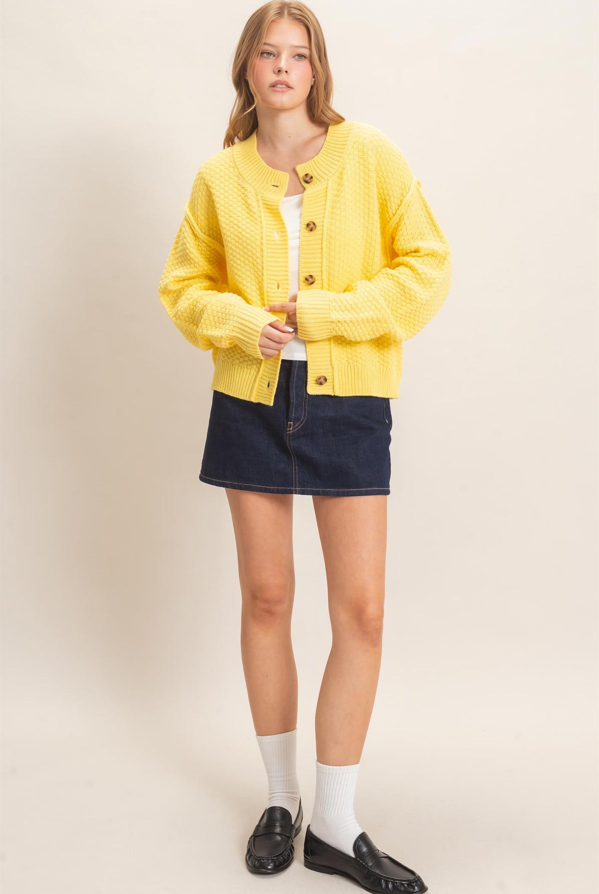 Wholesale Textured Knit Button-Front Cardigan Cardigans HF26C409 BUTTER YELLOW HYFVE