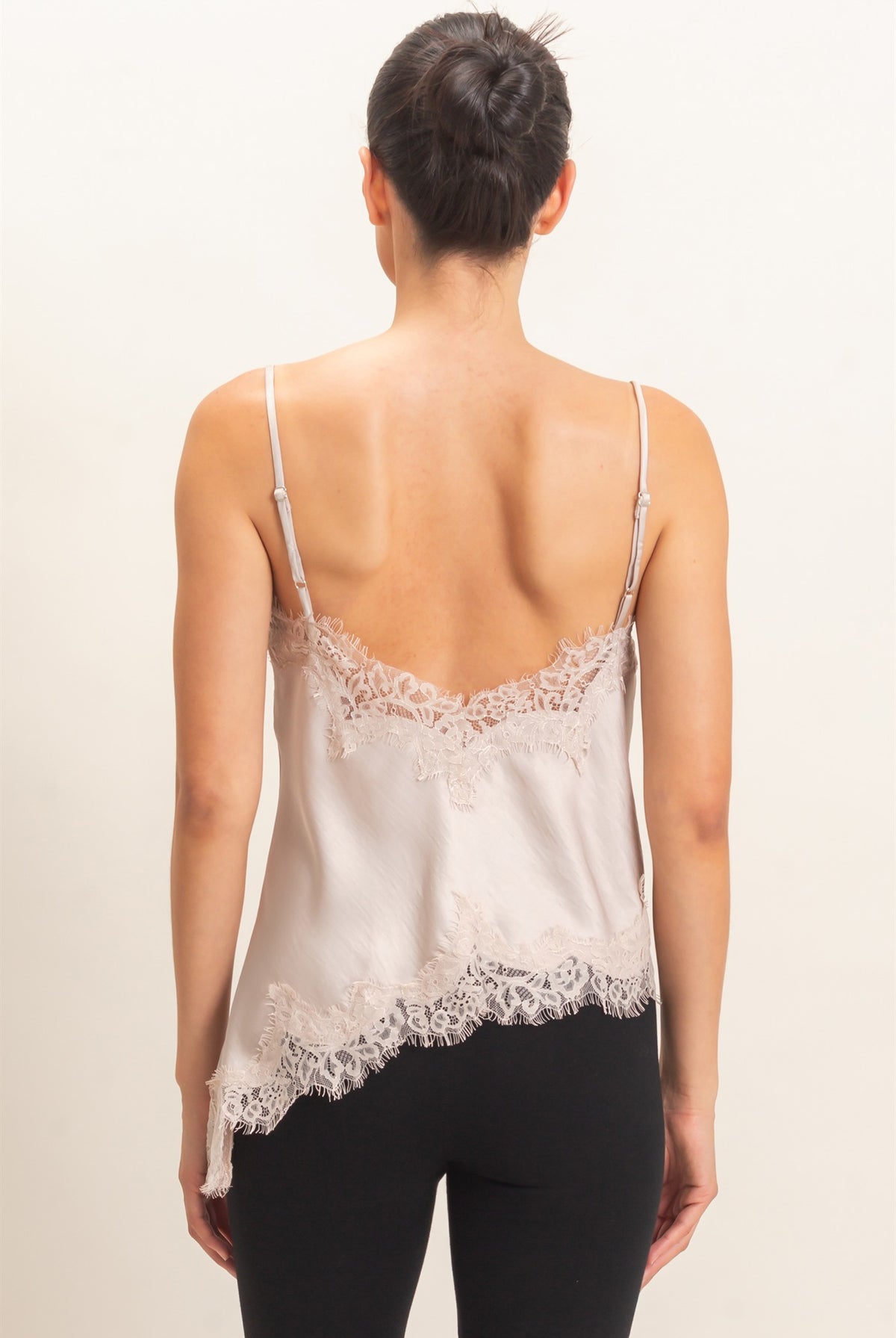 Wholesale Asymmetrical Satin Lace Top Camisoles HF26C945-D CHAMPAGNE BEIGE HYFVE