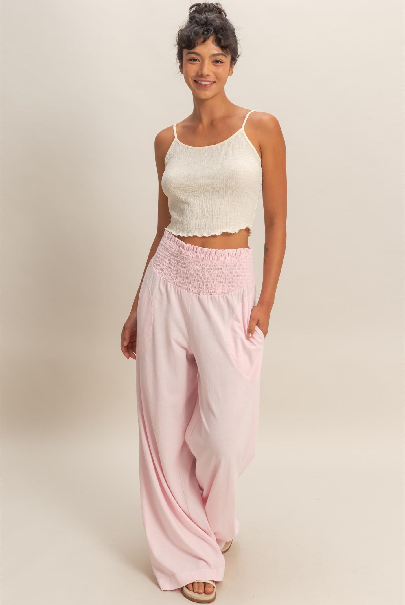 Wholesale Mineral Washed Wide-Leg Smocked Waist Pants Pants DZ26A249 SOFT PINK DOUBLE ZERO