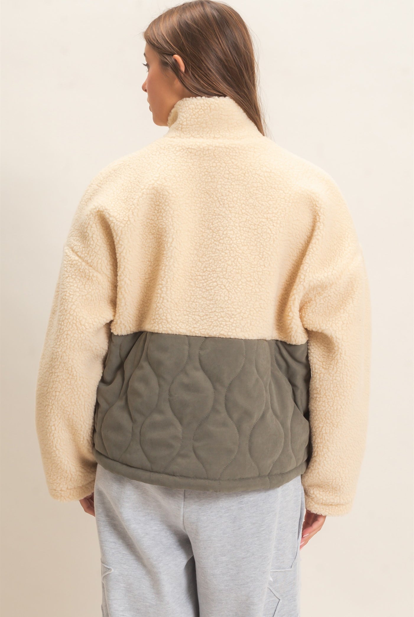 Wholesale Quilted Sherpa Zip Up Jacket Coats & Jackets DZ26F259 OLIVE DOUBLE ZERO