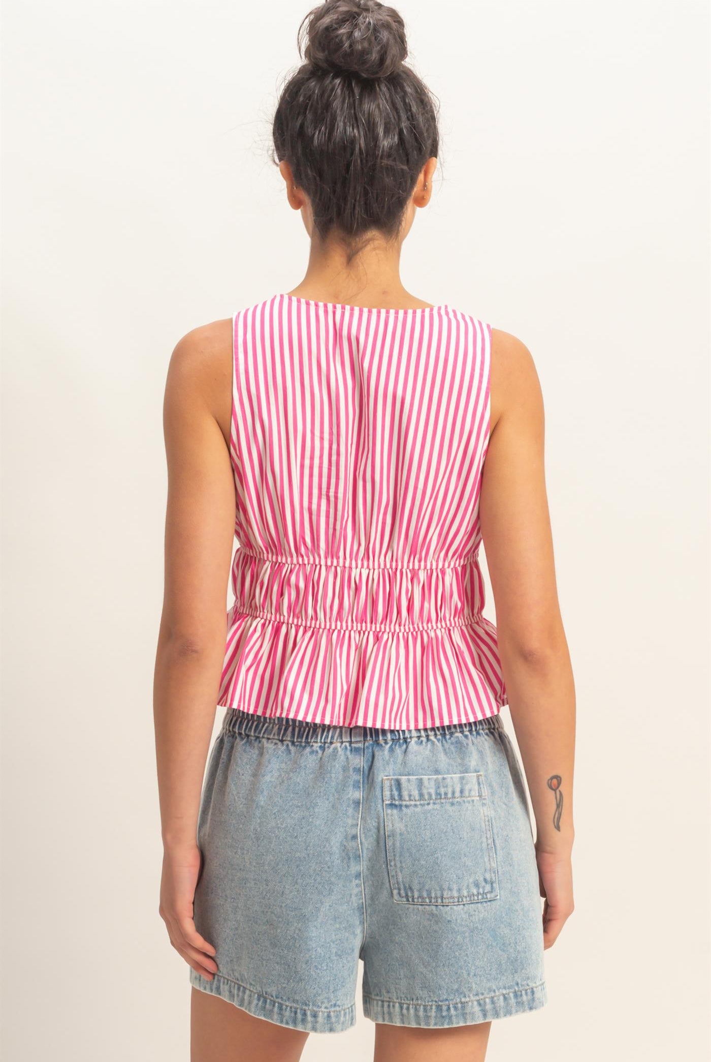 Wholesale Striped Tie Front Peplum Sleeveless Top Clothing Tops DZ26C534 PINK DOUBLE ZERO
