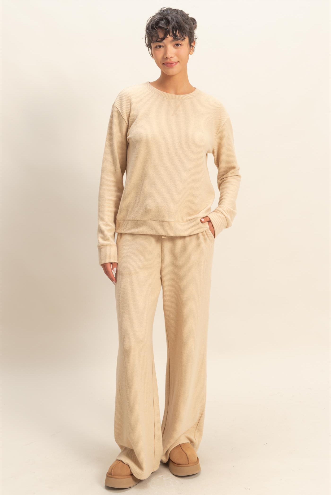 Wholesale Brushed Waffle Crew Neck Long Sleeve Top Clothing Tops DZ26A177 LIGHT TAUPE DOUBLE ZERO