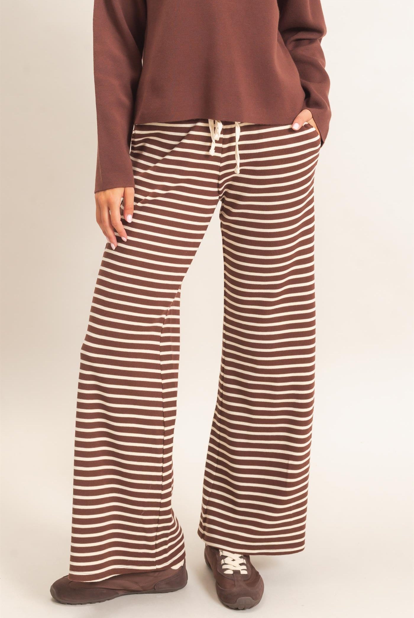 Wholesale Low Rise Striped Waffle Knit Pants Pants DZ26E553 DARK BROWN DOUBLE ZERO