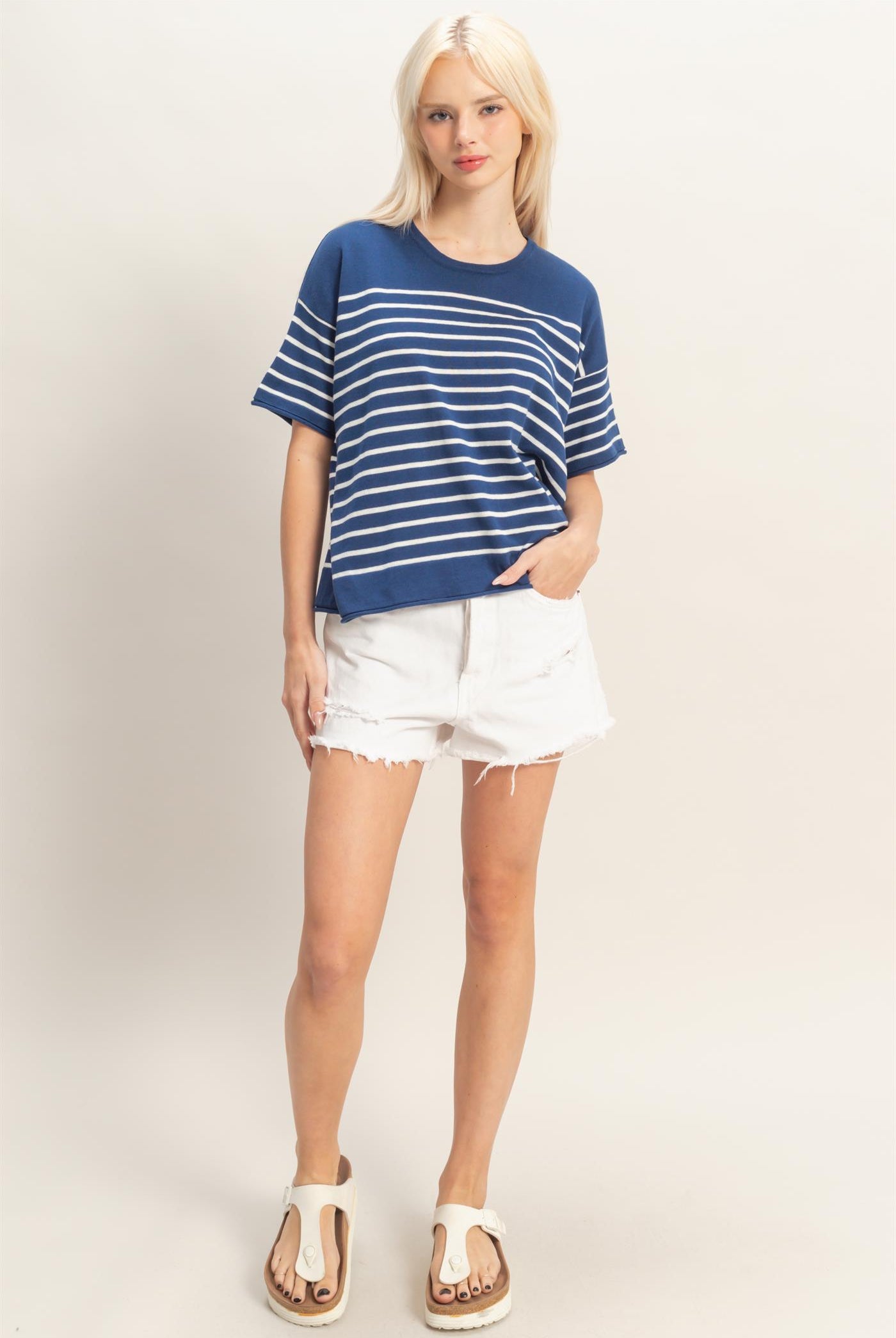 Wholesale Striped Short Sleeve Knit Top Clothing Tops DZ26A838 NAVY DOUBLE ZERO