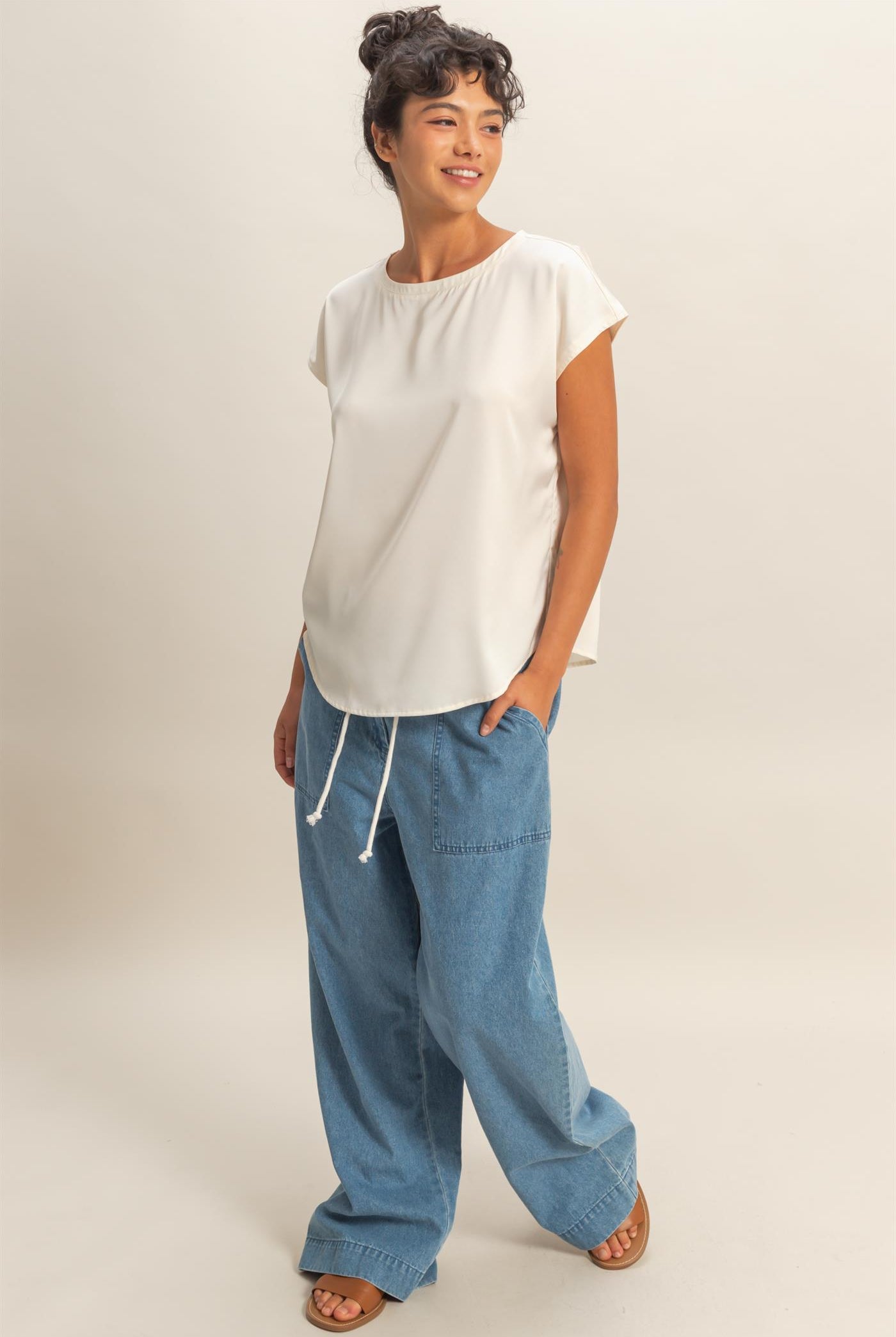 Wholesale Satin Dolman Sleeve Round Neck Blouse Clothing Tops DZ26C181 WHIP CREAM DOUBLE ZERO