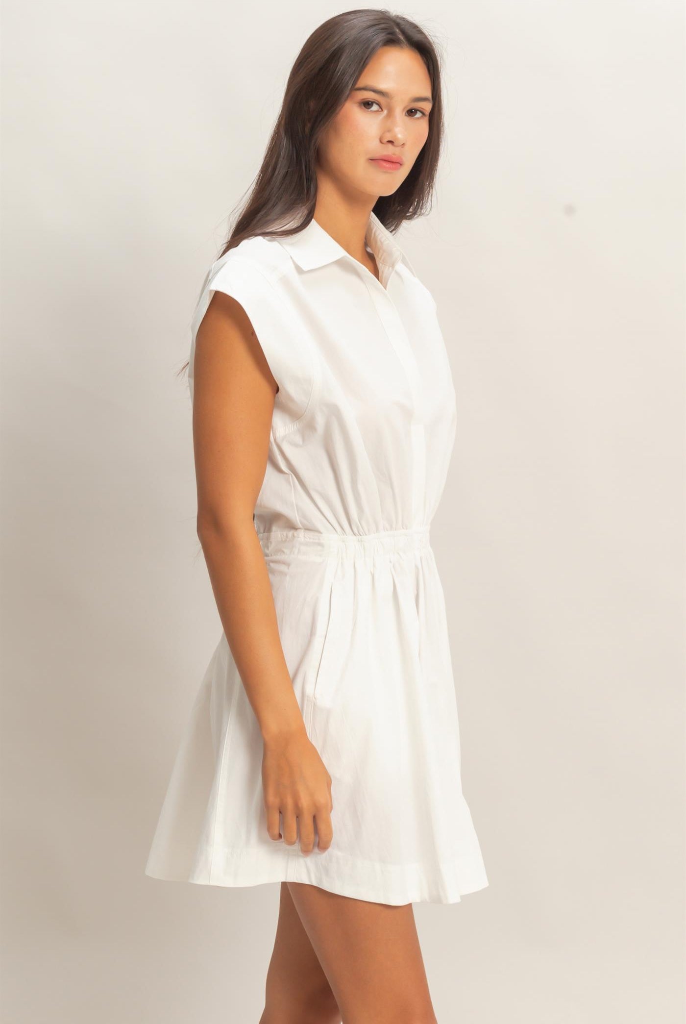 Wholesale Sleeveless Collared Shirred Mini Dress Dresses DZ26A751 WHITE DOUBLE ZERO