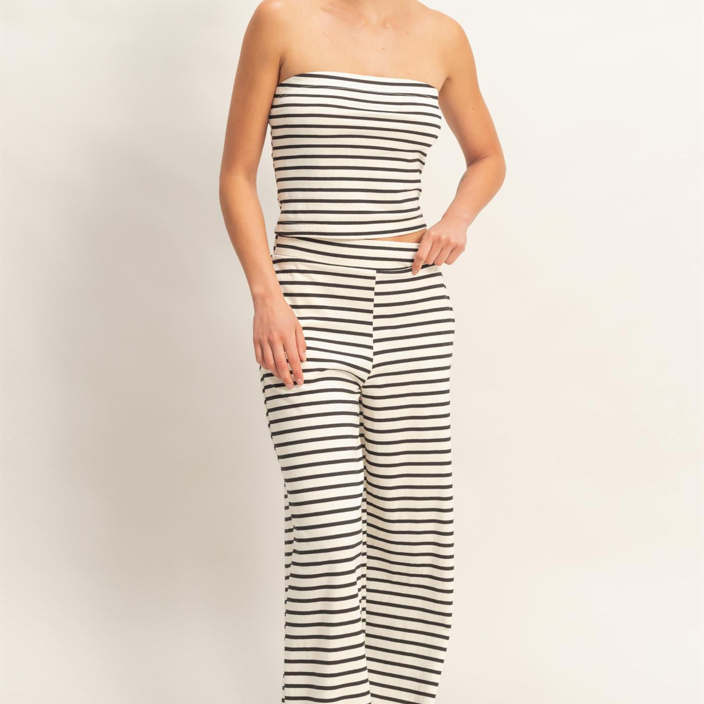 Wholesale Striped Jersey Tube Top And Pants Set Clothing DZ26C621-SET BLACK DOUBLE ZERO