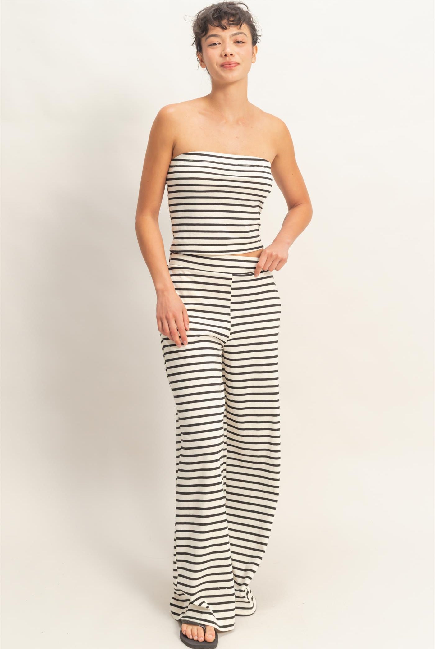 Wholesale Striped Jersey Tube Top And Pants Set Clothing DZ26C621-SET BLACK DOUBLE ZERO