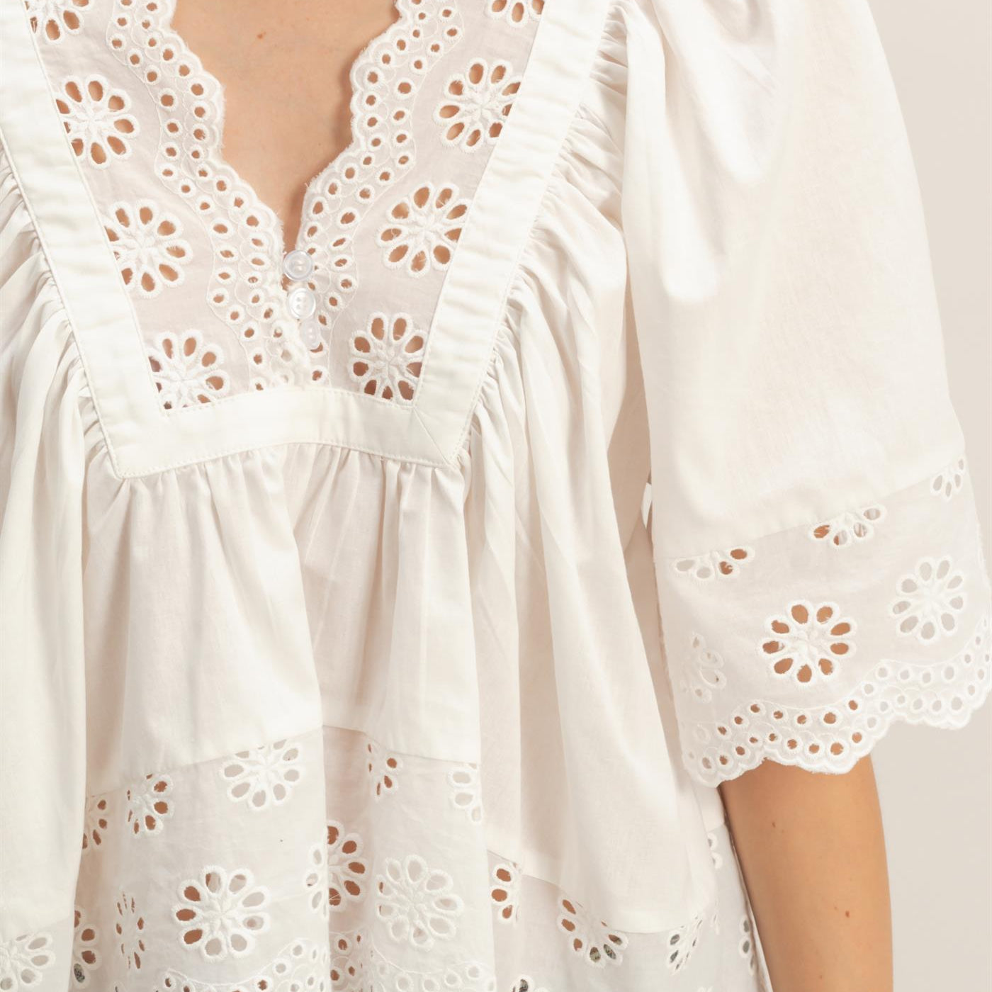 Wholesale Scalloped Eyelet Babydoll Top Clothing Tops HF26C293 WHITE HYFVE