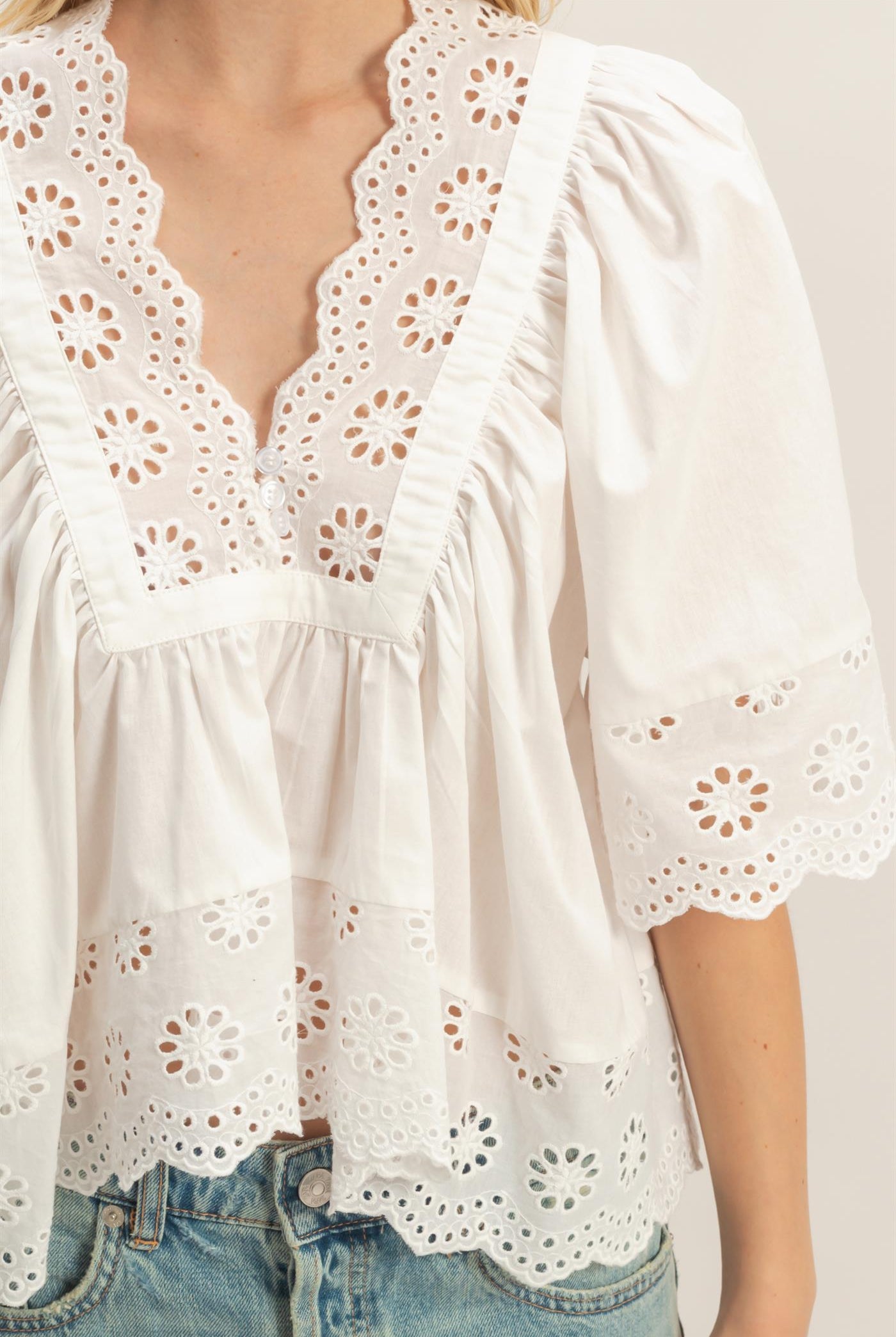 Wholesale Scalloped Eyelet Babydoll Top Clothing Tops HF26C293 WHITE HYFVE