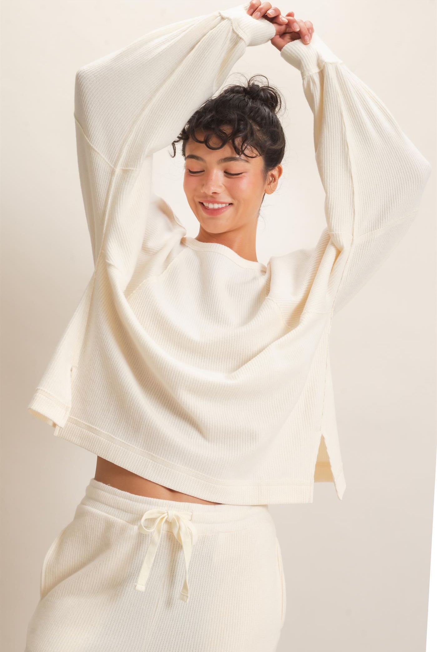 Wholesale Brushed Waffle Long Sleeve Top Clothing Tops DZ26F312 CREAM DOUBLE ZERO