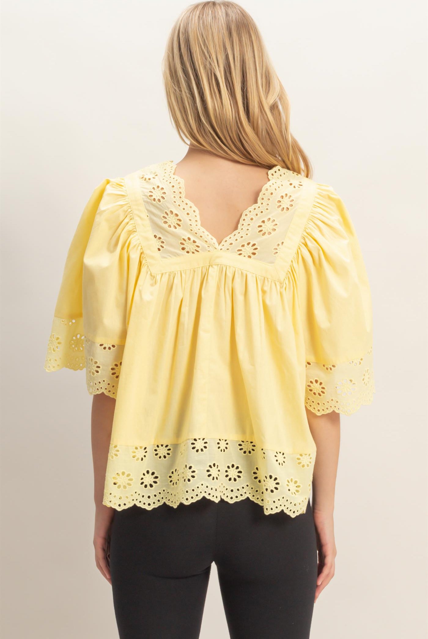 Wholesale Scalloped Eyelet Babydoll Top Clothing Tops HF26C293 YELLOW HYFVE