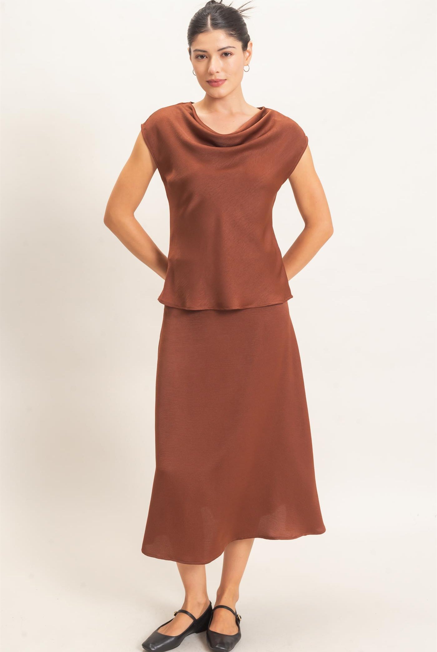 Wholesale Satin Cowl Neck Top And Skirt Set Clothing HF26C690-SET BROWN HYFVE