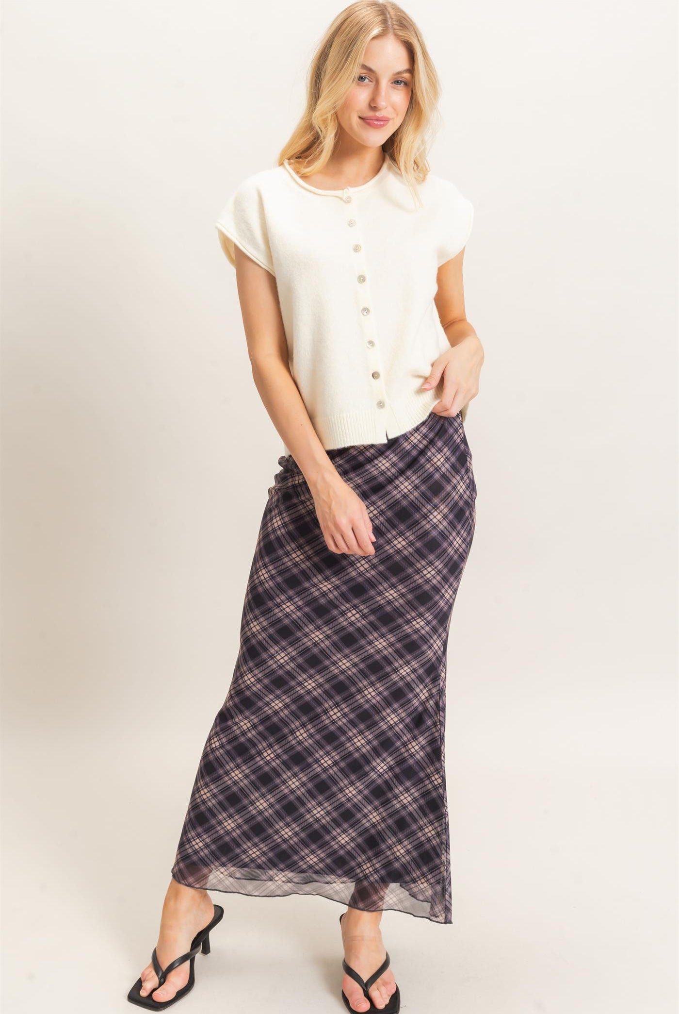 Wholesale Printed Mesh Maxi Skirt Skirts HF26F214 BLACK/PLAID HYFVE