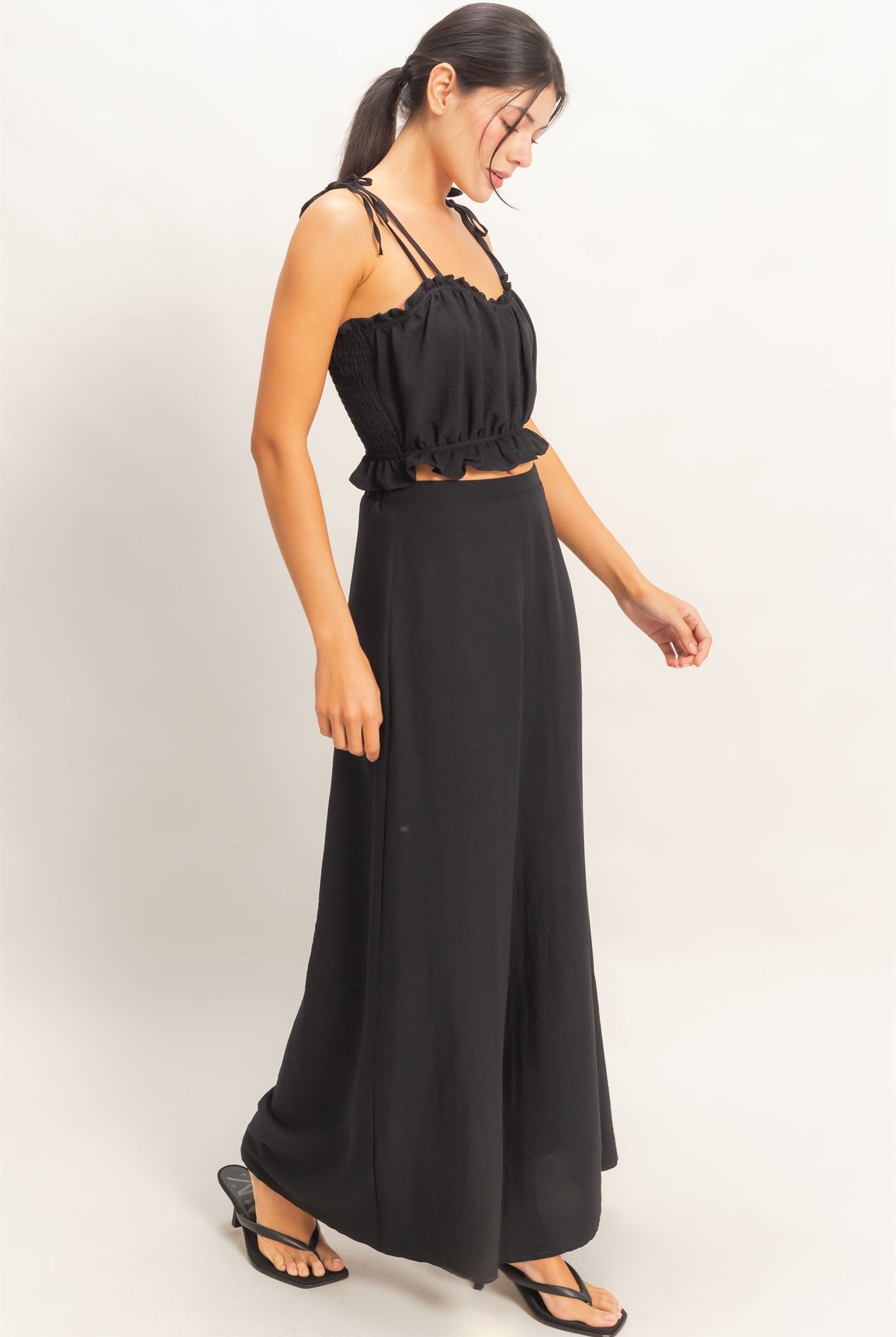 Wholesale Ruffle Smocked Bust Top & Wide Pants Clothing HF26A502-SET-D BLACK HYFVE