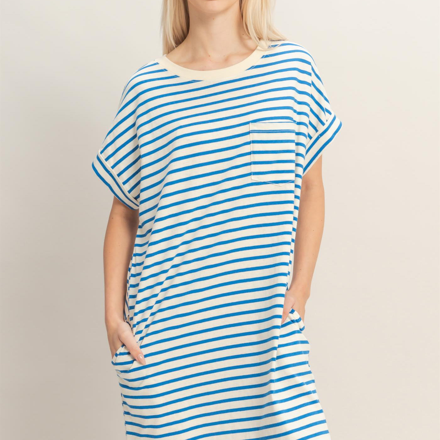 Wholesale Striped T-Shirt Mini Dress Dresses DZ26C067 BLUE DOUBLE ZERO