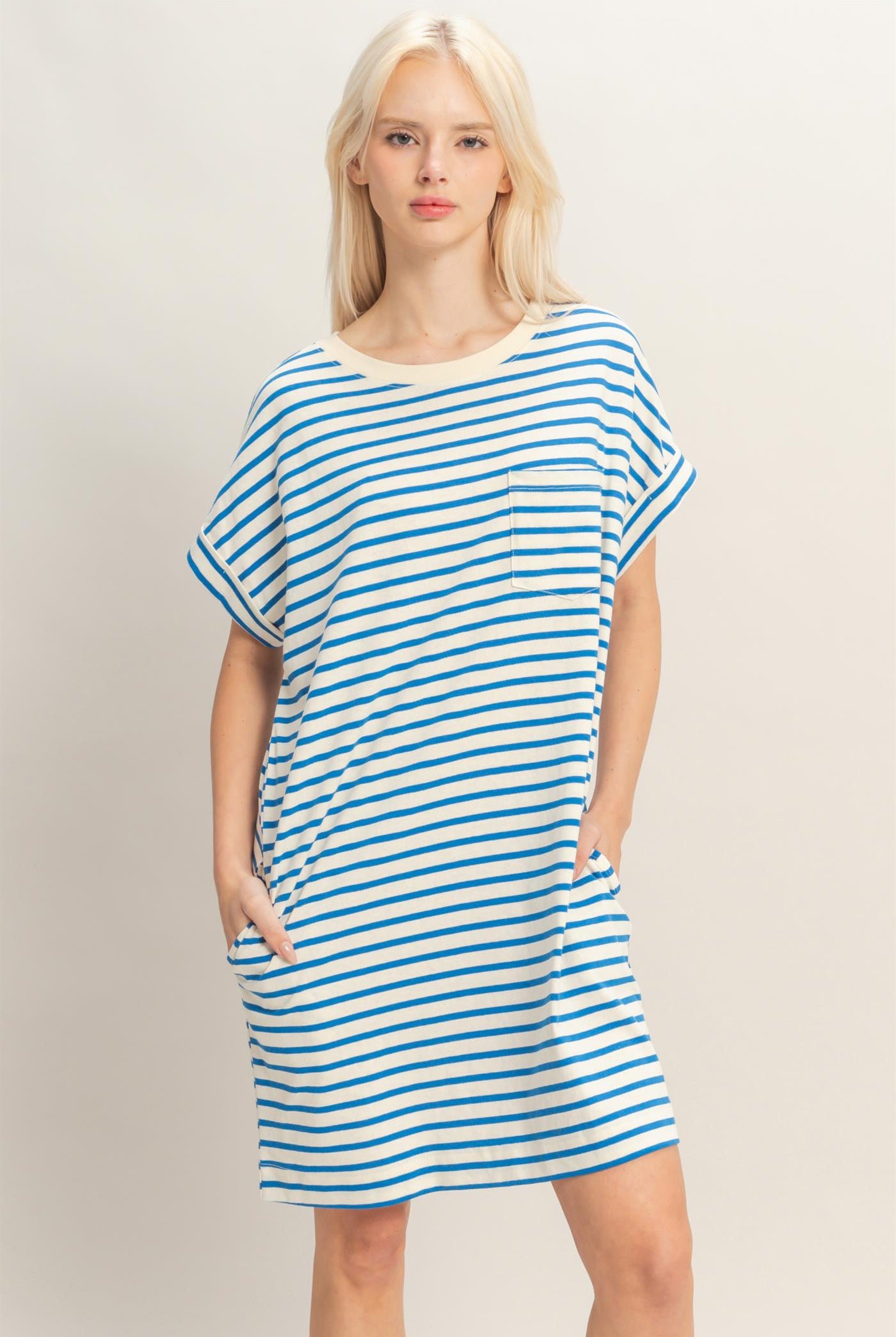Wholesale Striped T-Shirt Mini Dress Dresses DZ26C067 BLUE DOUBLE ZERO