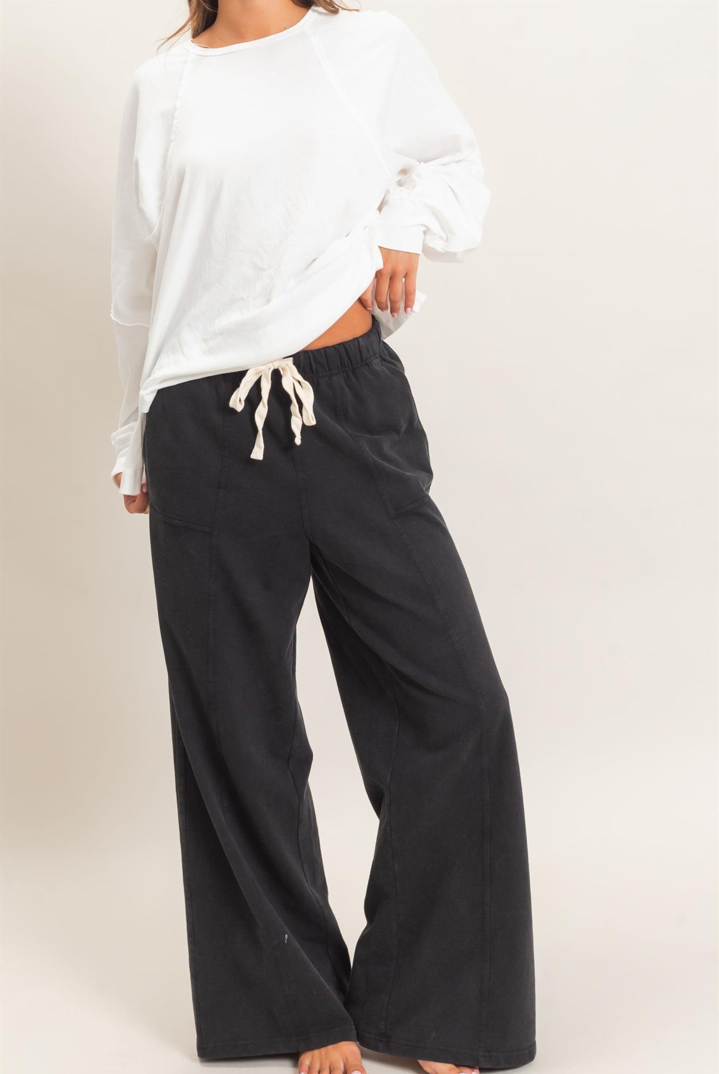 Wholesale Acid Wash Drawstring Waist Wide Leg Pants Pants DZ25A685 BLACK DOUBLE ZERO