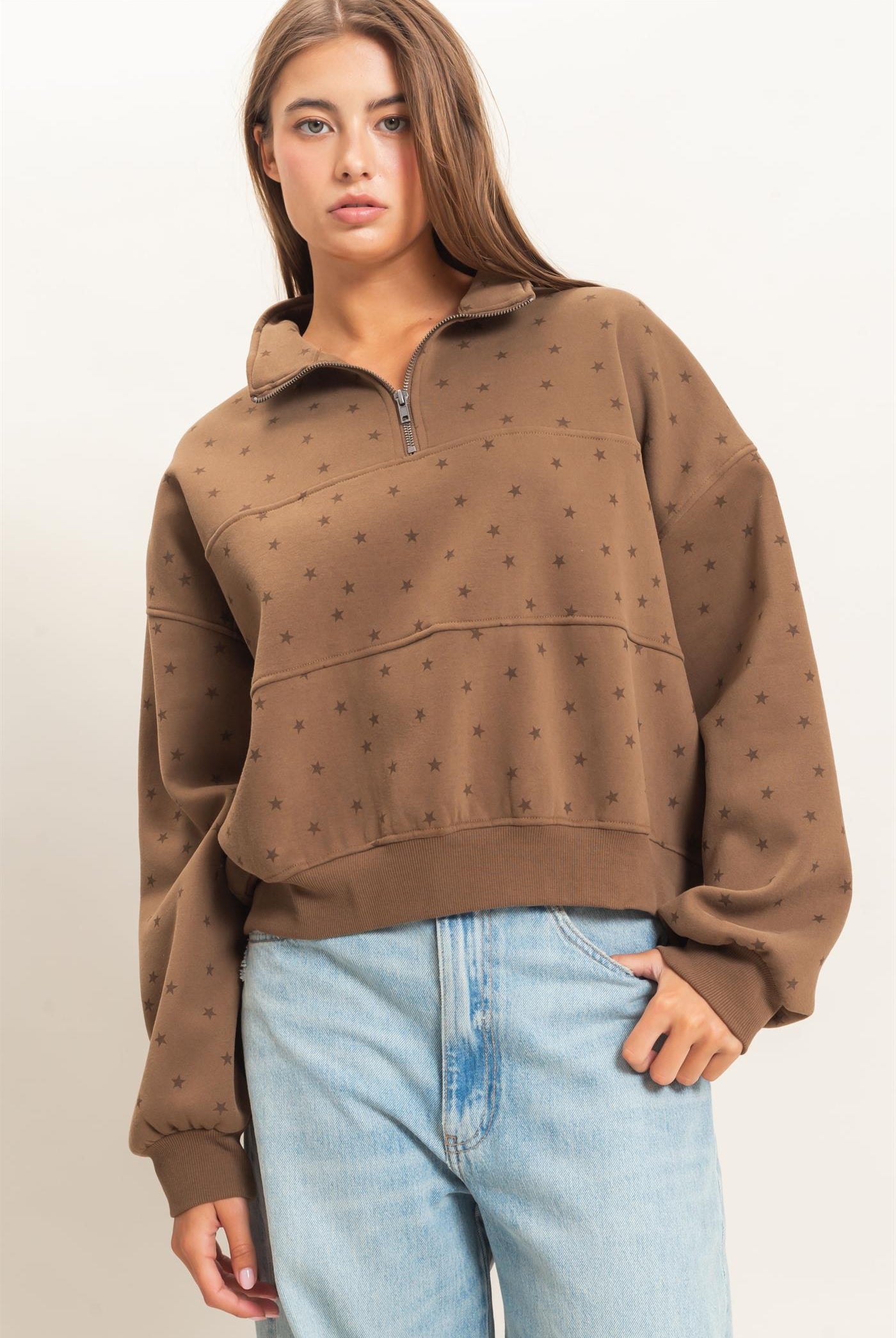 Wholesale Star Print Half Zip Sweatshirt Sweatshirts DZ26E245 MOCHA DOUBLE ZERO