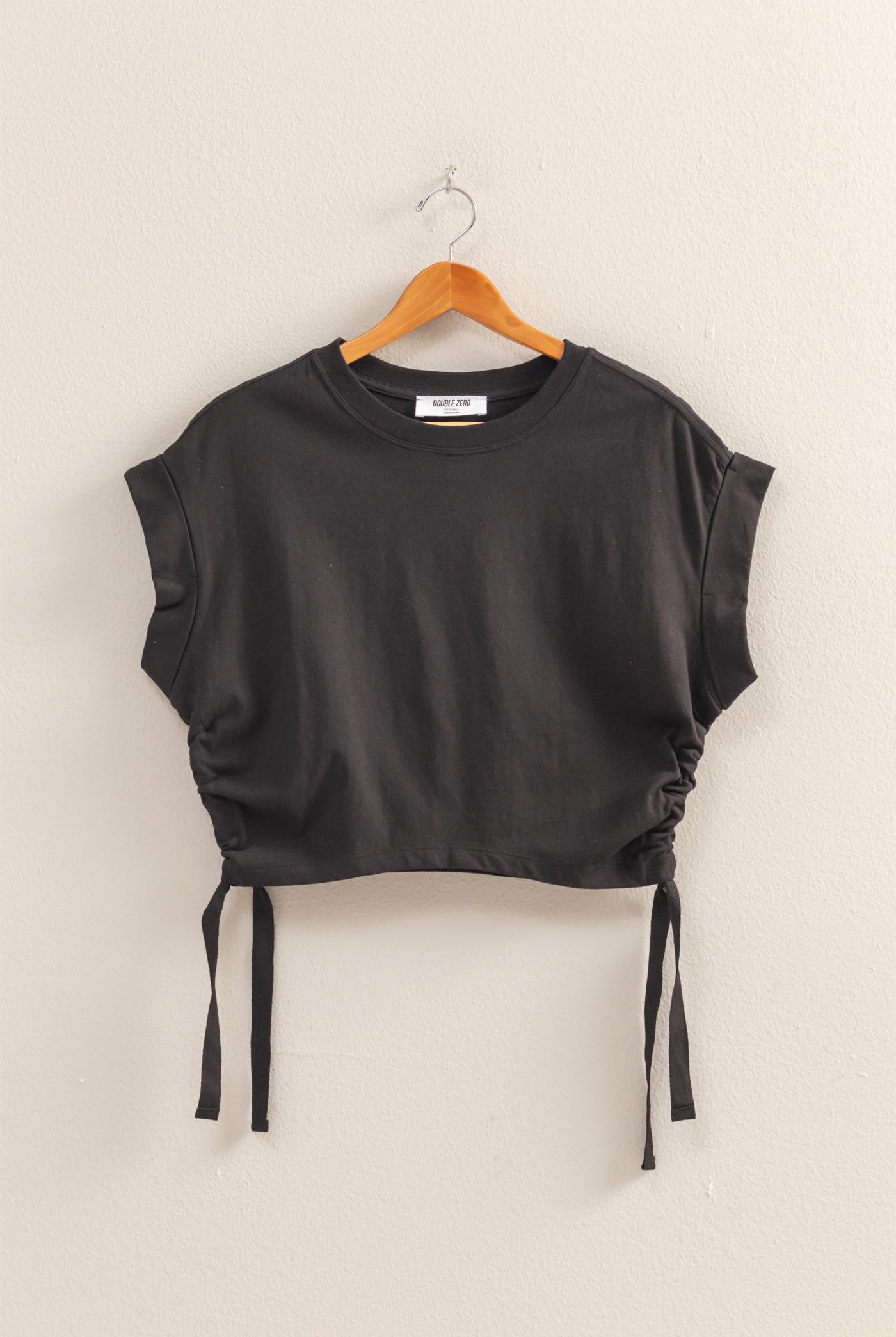 Wholesale Short Sleeve Side Tie Detail Top Clothing Tops DZ25C113 BLACK DOUBLE ZERO