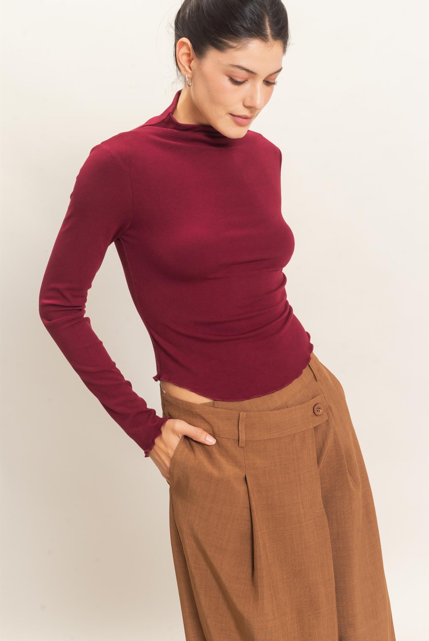 Wholesale Long Sleeve Lettuce Hem Top Clothing Tops HF26F122 BURGUNDY HYFVE