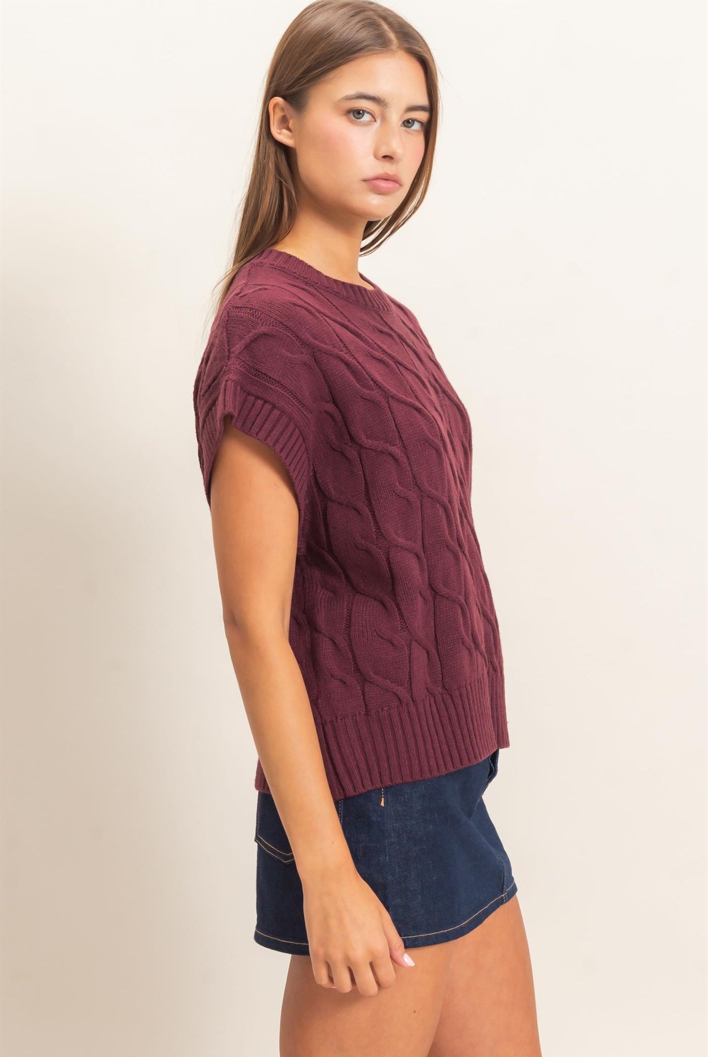 Wholesale Cable Knit Cap Sleeve Sweater Sweaters DZ26C974 DARK CHERRY DOUBLE ZERO