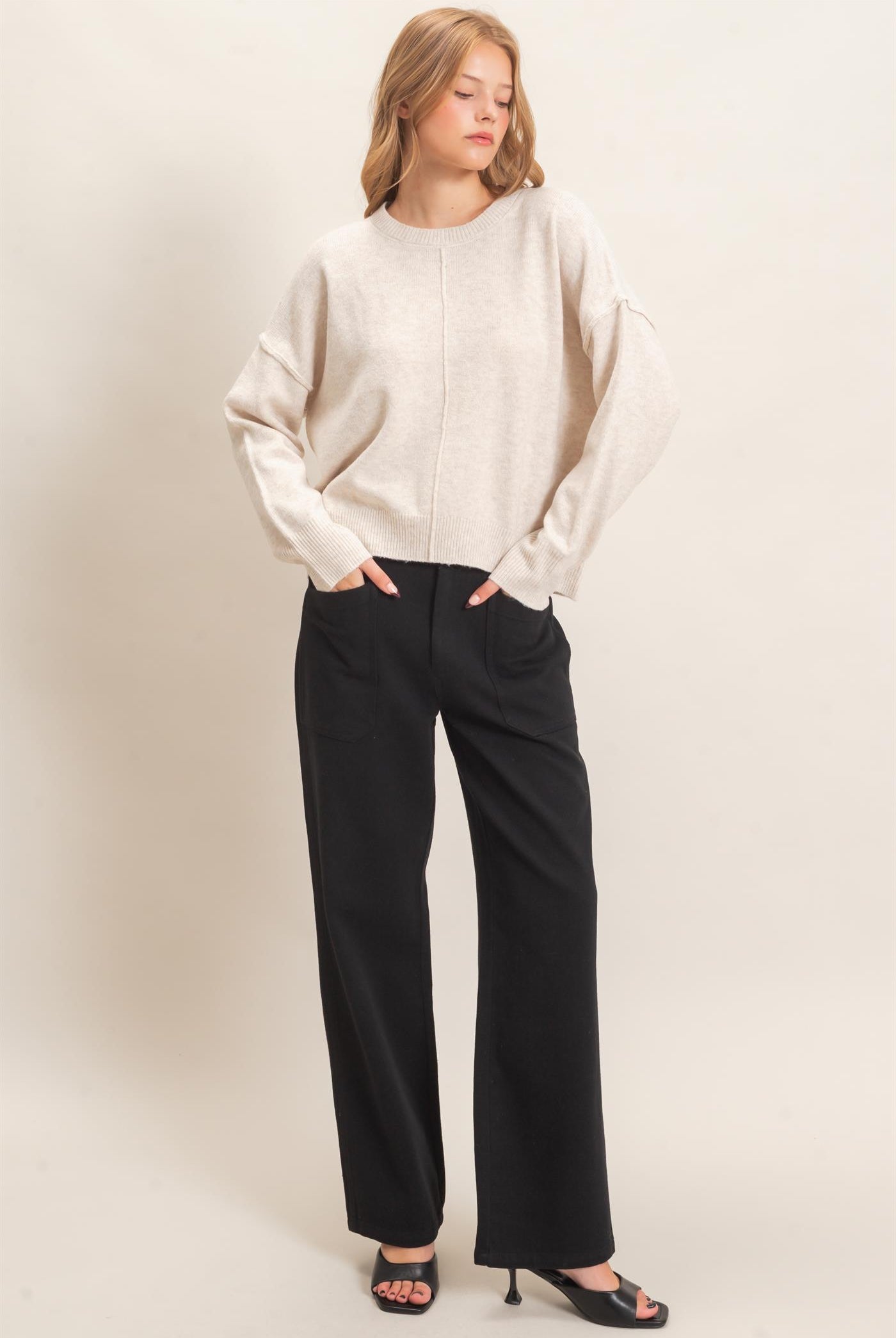 Wholesale Crew Neck Sweater With Ribbed Hem Sweaters HF26E203-D OATMEAL HYFVE