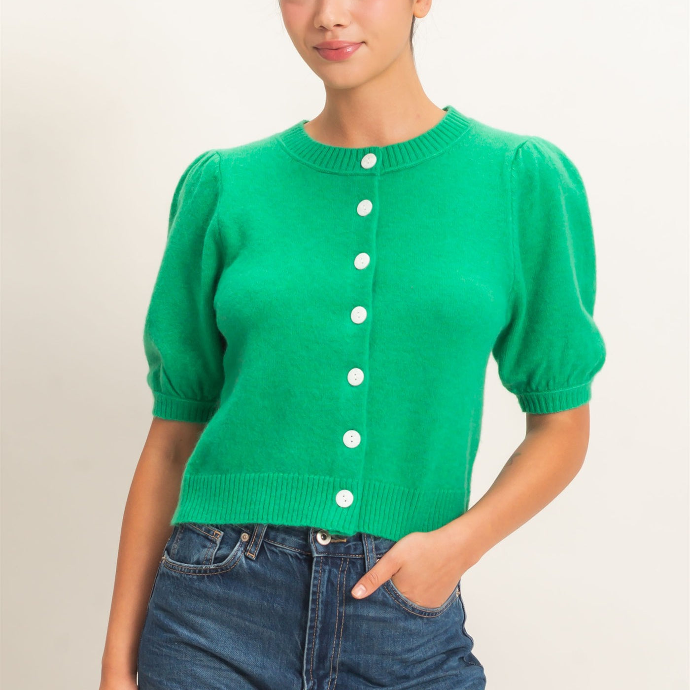 Wholesale Button Front Puff Short Sleeve Cardigan Cardigans DZ26C960 EMERALD DOUBLE ZERO