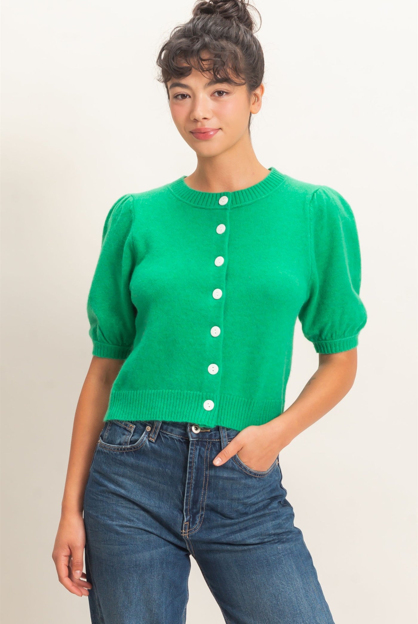Wholesale Button Front Puff Short Sleeve Cardigan Cardigans DZ26C960 EMERALD DOUBLE ZERO