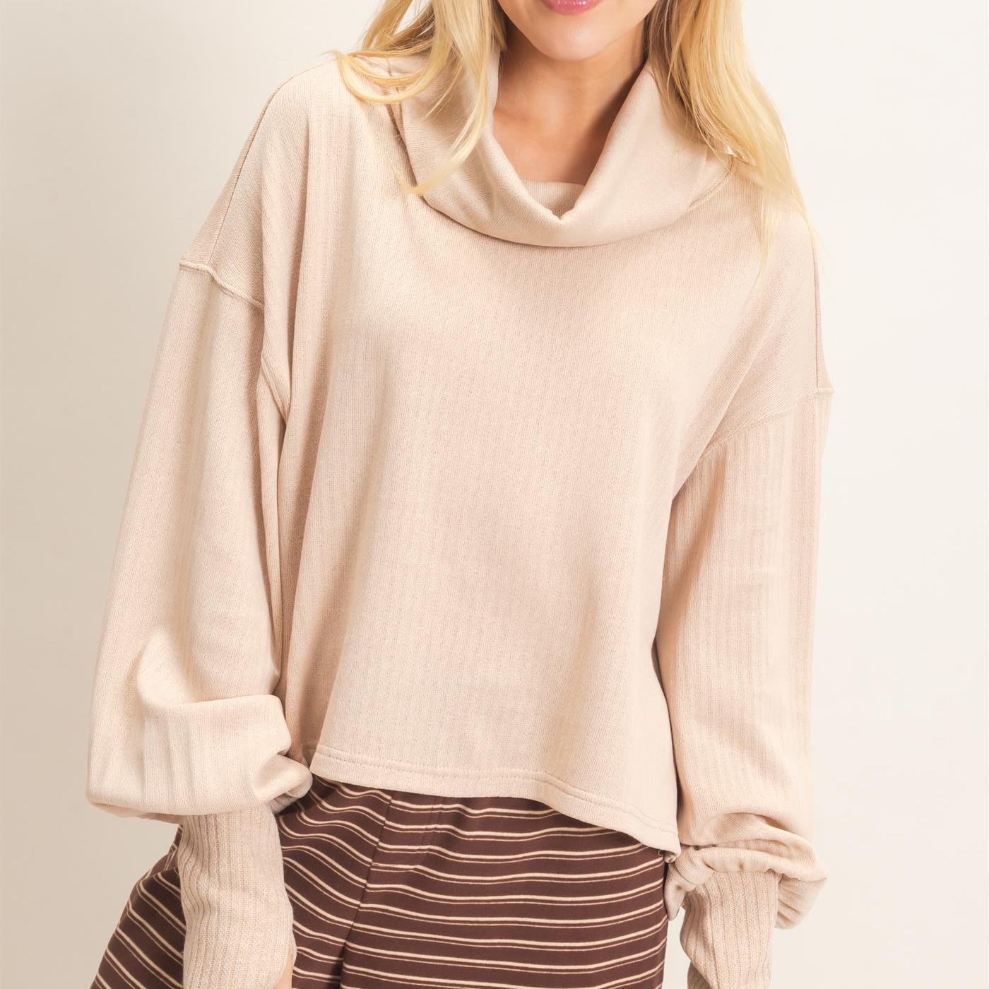 Wholesale Loose Turtleneck Long Sleeve Top Clothing Tops HF26F258 BEIGE HYFVE
