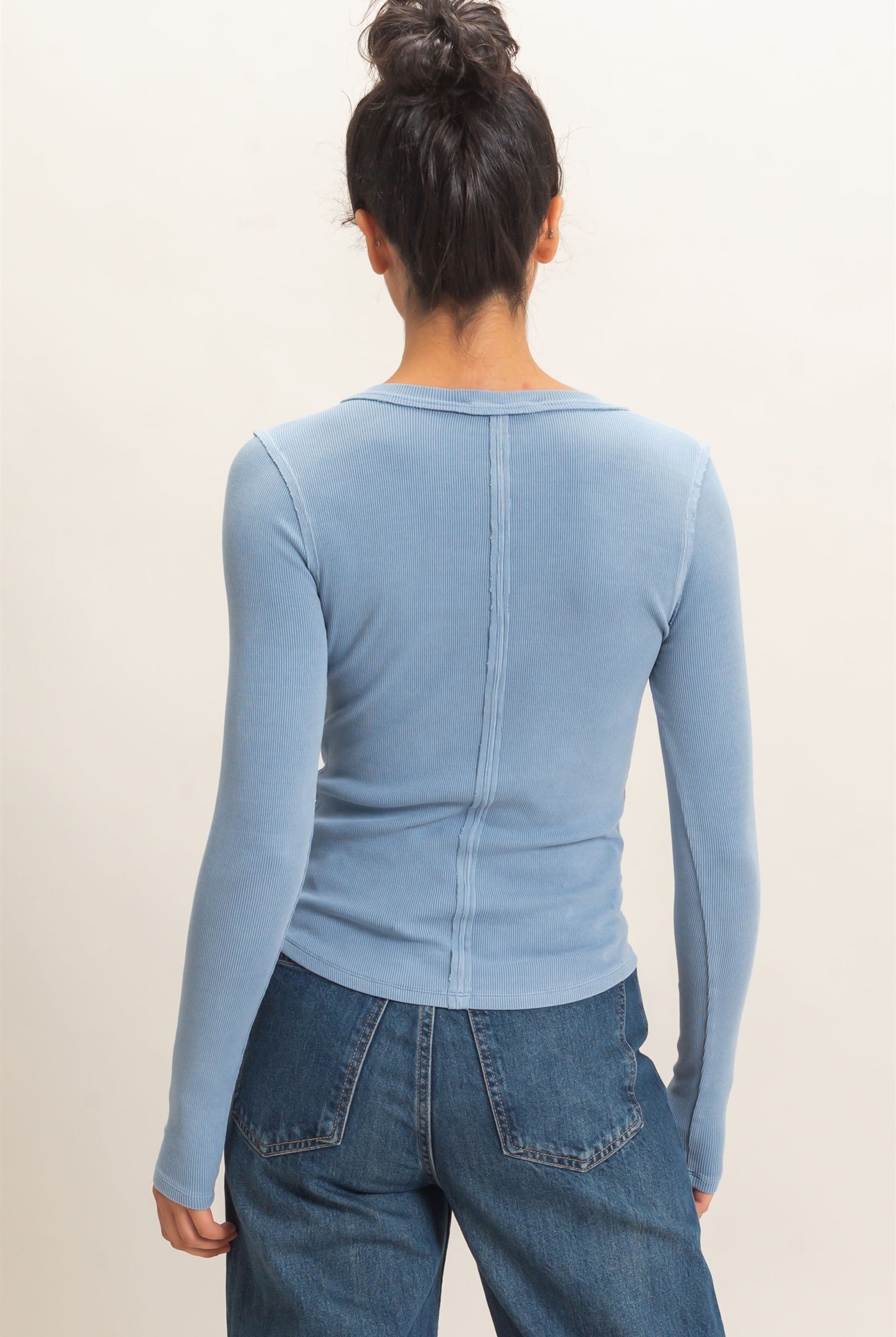 Wholesale Pigment Dye Henley Long Sleeve Top Clothing Tops DZ26C882 DUSTY BLUE DOUBLE ZERO