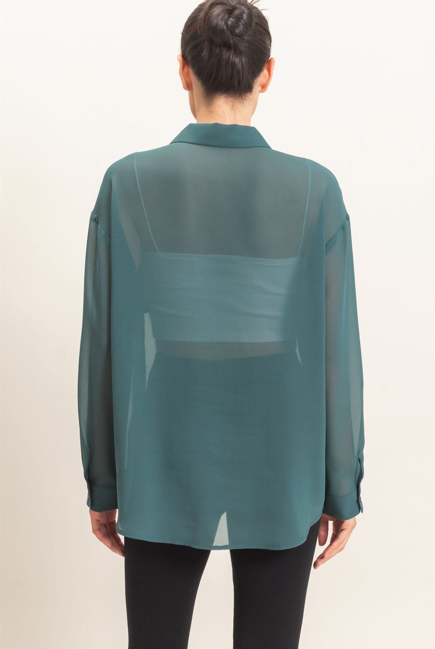 Wholesale Button-Down Collar Blouse Shirts HF26F067 TEAL GREEN HYFVE
