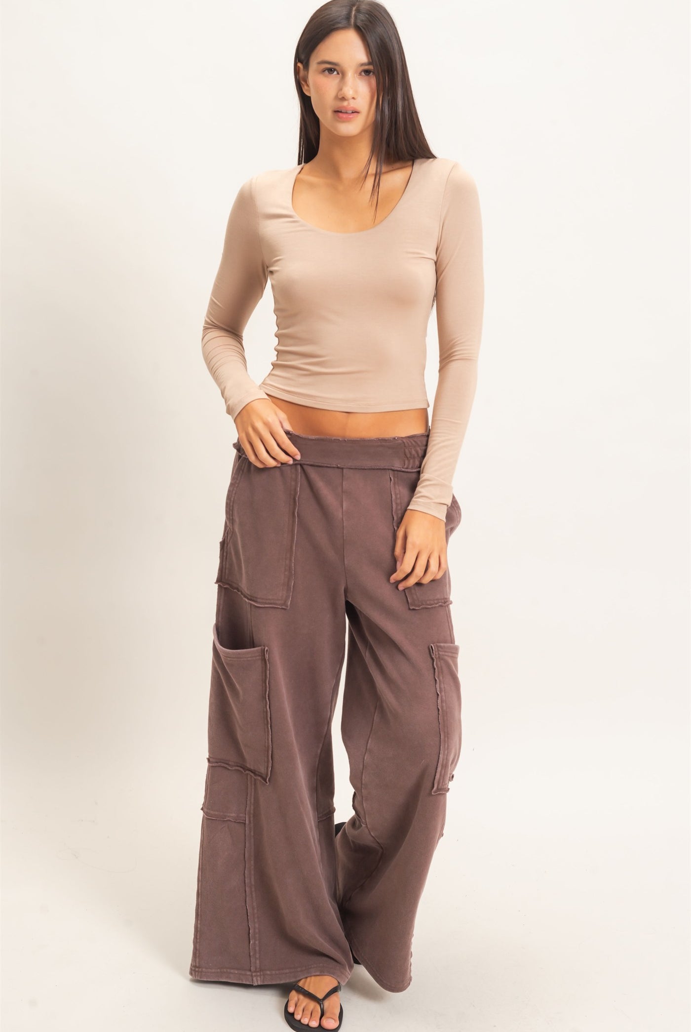 Wholesale Scoop Neck Long Sleeve Top Clothing Tops DZ26E250 DARK TAUPE DOUBLE ZERO