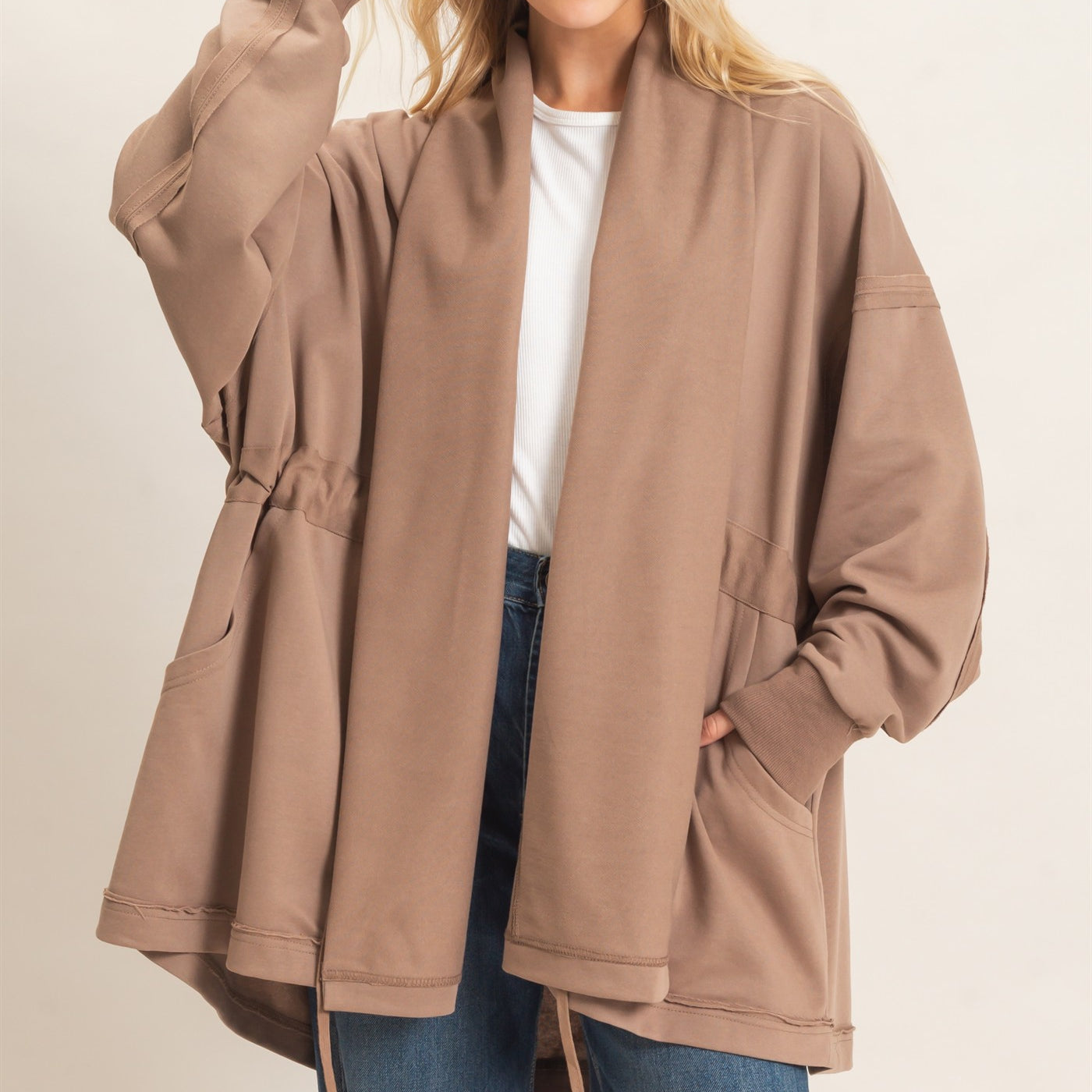 Wholesale Open Front Tie Waist Cardigan Cardigans HF26C778 MOCHA HYFVE