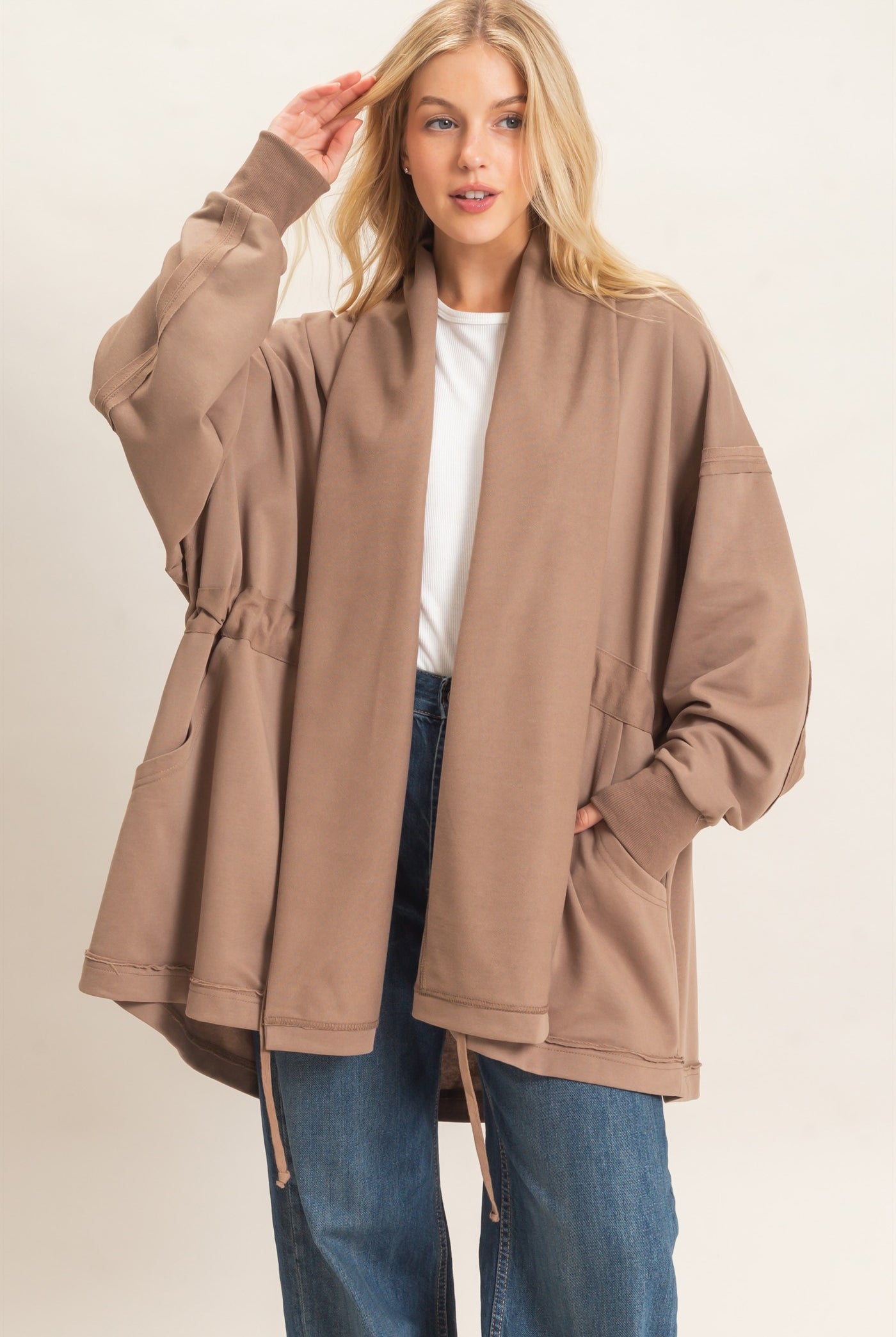 Wholesale Open Front Tie Waist Cardigan Cardigans HF26C778 MOCHA HYFVE