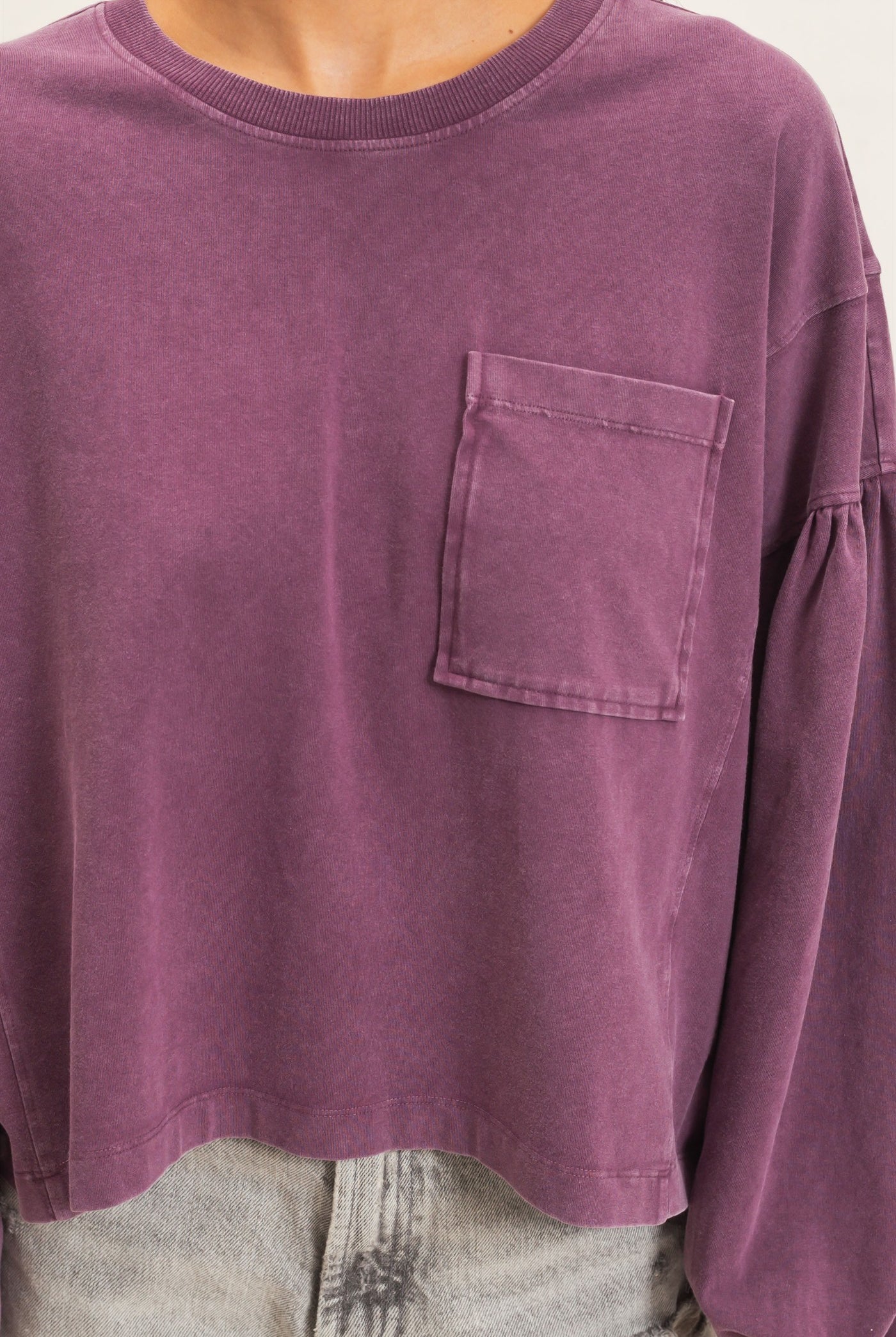 Wholesale Mineral Wash Puff Long Sleeve Boxy Top Clothing Tops DZ26F402 DARK CHERRY DOUBLE ZERO
