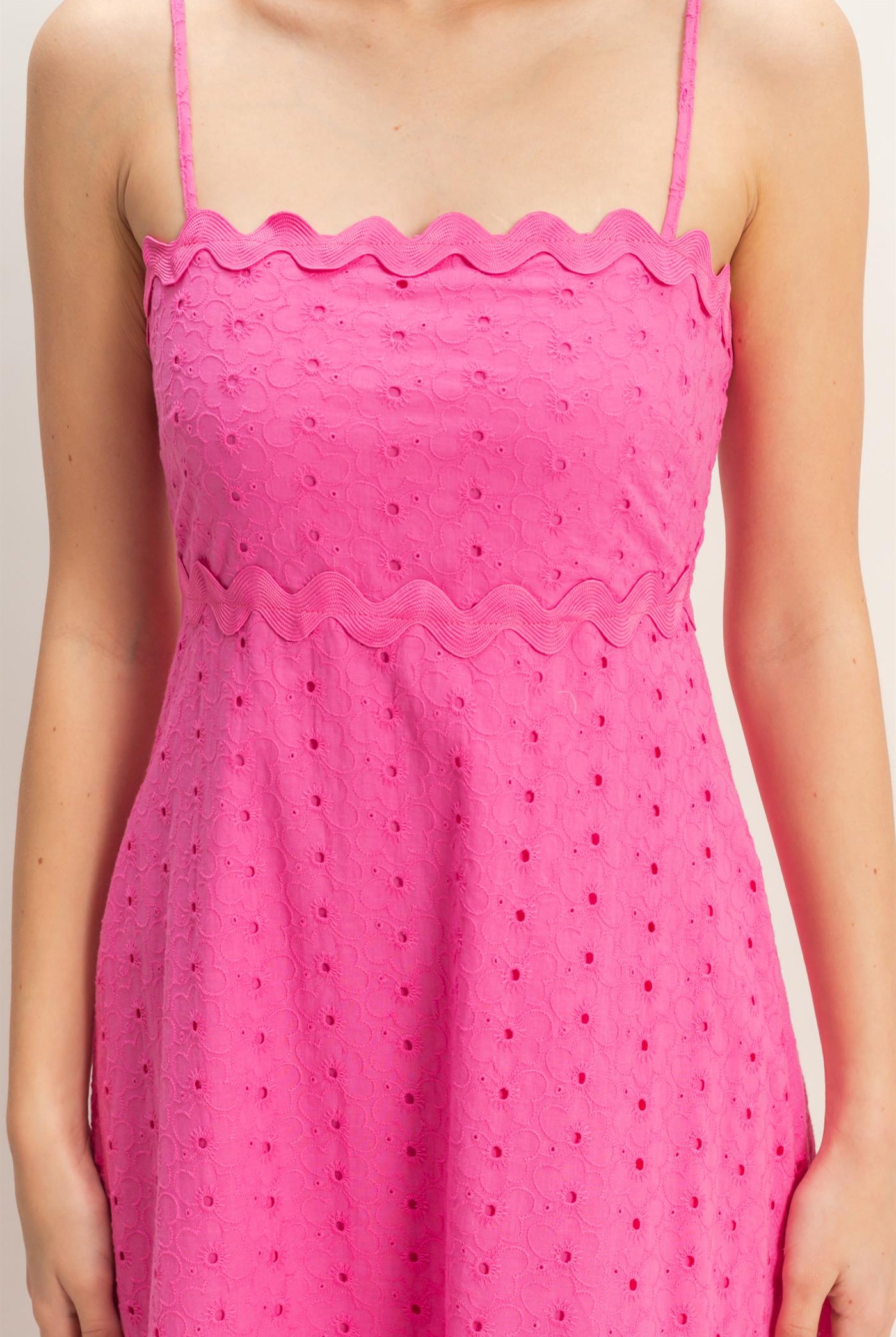 Wholesale Scallop Trim Eyelet Midi Dress Dresses HF26A694 MAGENTA HYFVE