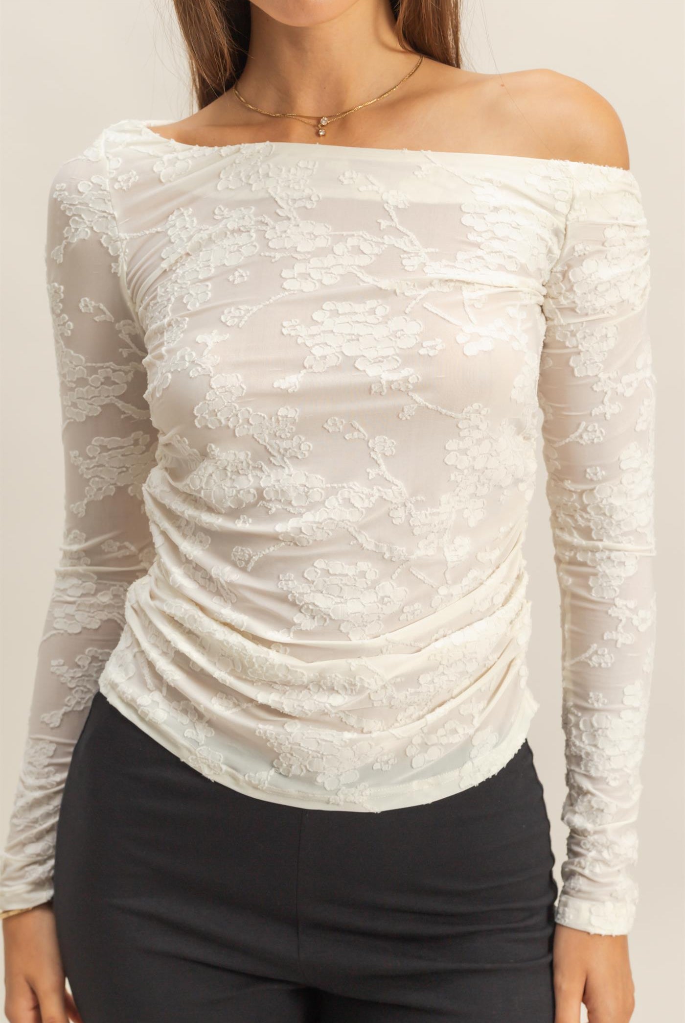 Wholesale Textured Mesh Off-Shoulder Top Blouses HF26F043 IVORY HYFVE