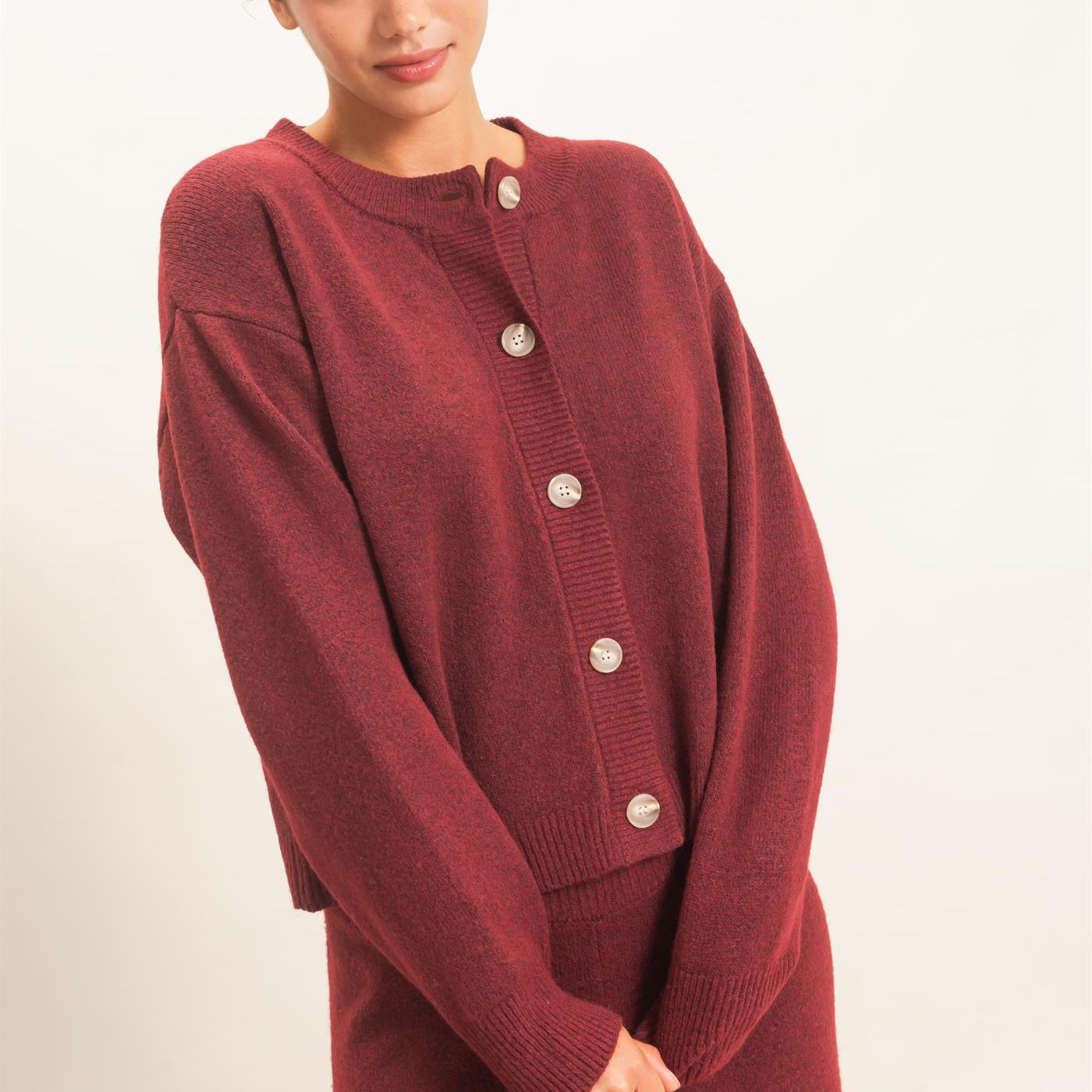 Wholesale Crew Neck Button Front Cardigan Cardigans DZ26E639 BURGUNDY DOUBLE ZERO