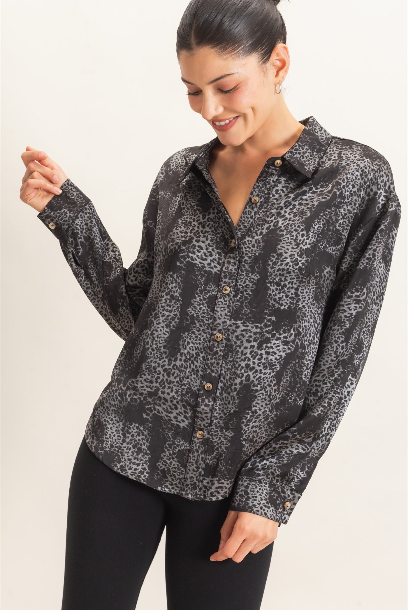 Wholesale Leopard Satin Button-Up Shirt Clothing Tops HF26E159 BLACK HYFVE