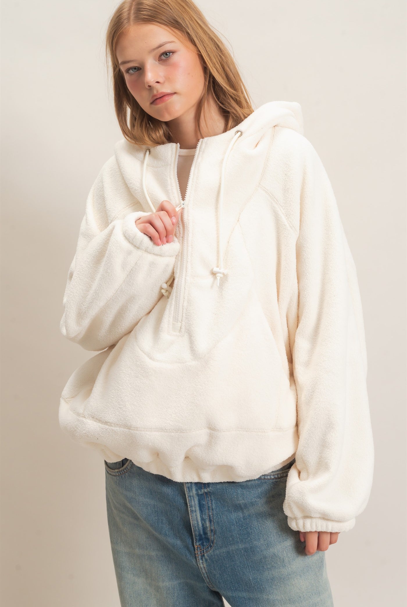 Wholesale Half-Zip Fleece Hoodie Hoodies HF26E561 WHIP CREAM HYFVE