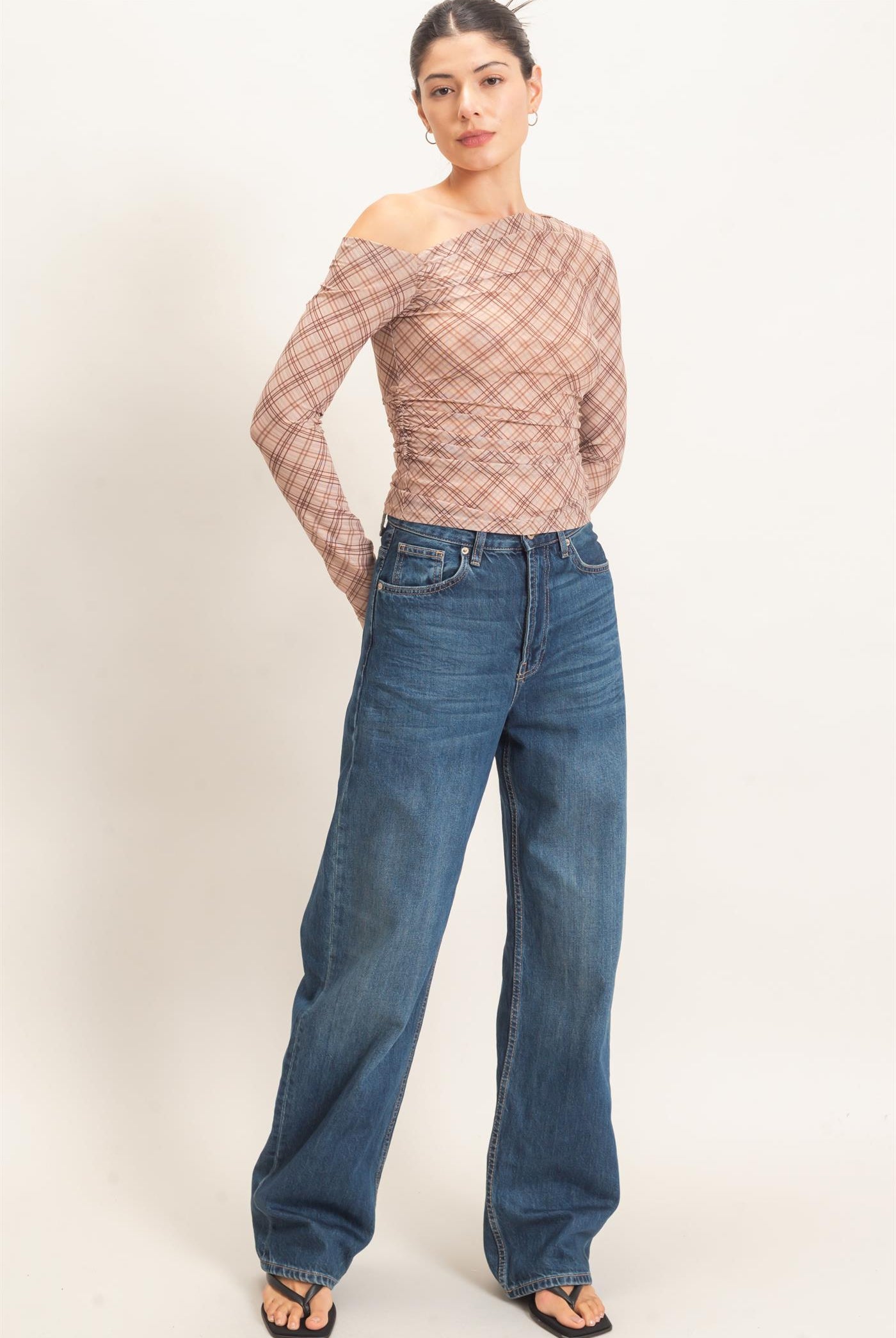 Wholesale Asymmetrical Plaid Off Shoulder Top Dresses HF26E710 BEIGE HYFVE