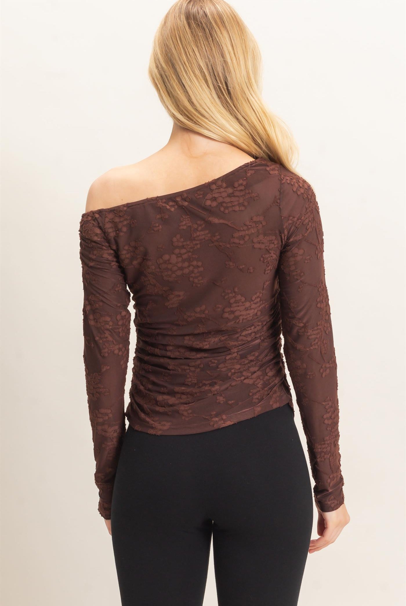 Wholesale Textured Mesh Off-Shoulder Top Blouses HF26F043 BROWN HYFVE