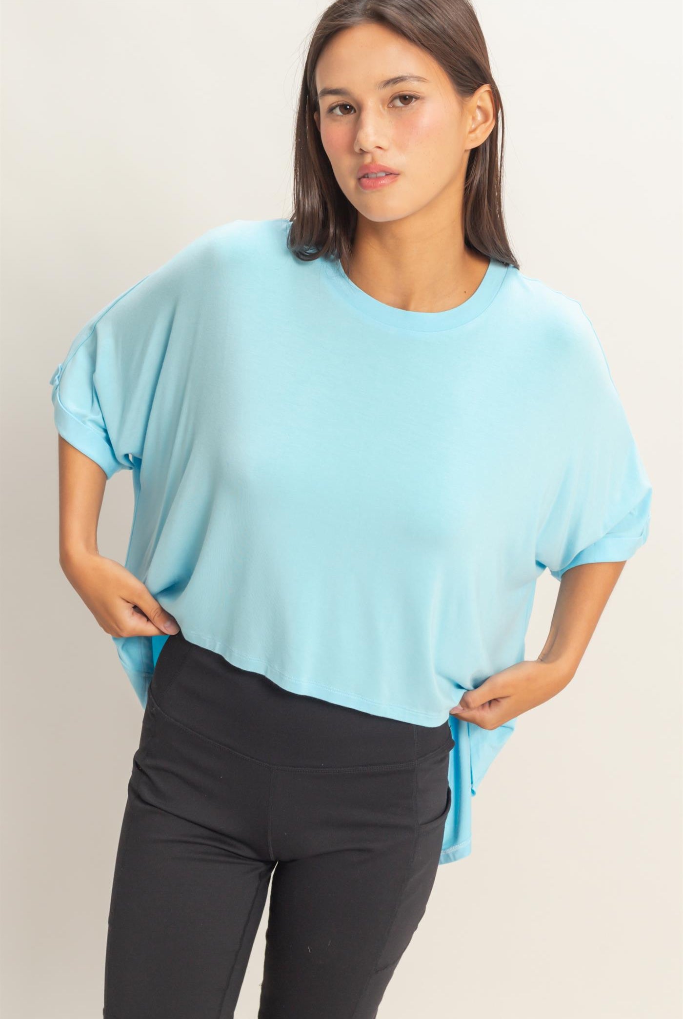 Wholesale Relaxed High-Low Batwing Sleeve Top Shirts DZ26A742 BLUE DOUBLE ZERO