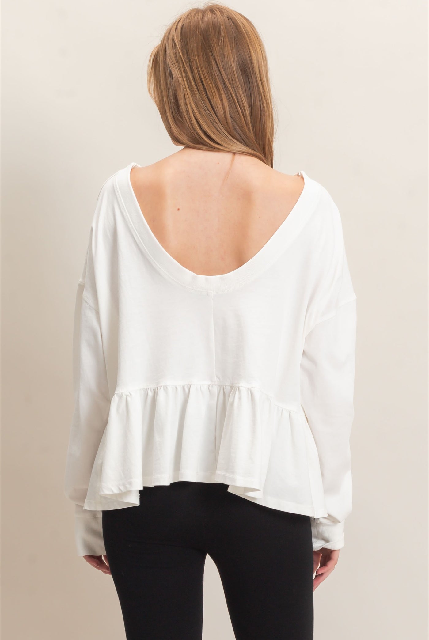 Wholesale Ruffled Hem Long Sleeve Top Clothing Tops HF26E065 OFF WHITE HYFVE
