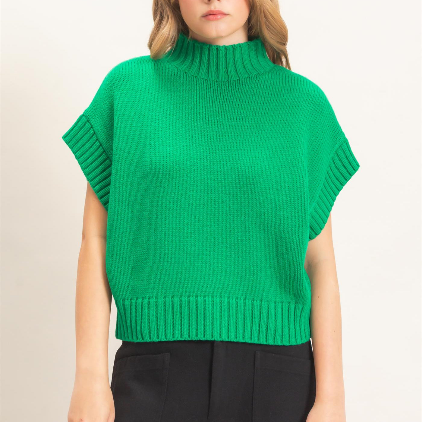 Wholesale Ribbed Mock Neck Sweater Vest Sweaters HF26F186-D GREEN HYFVE