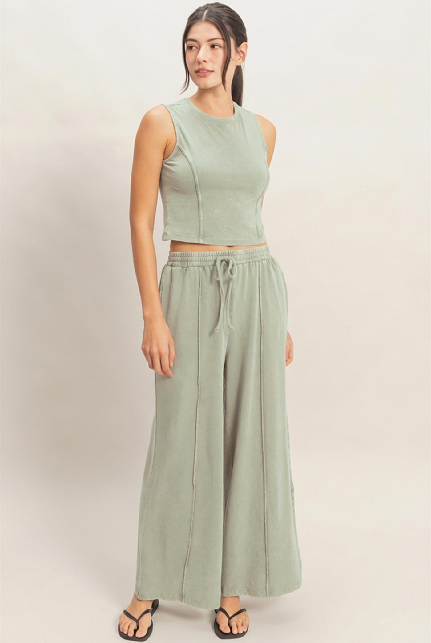 Wholesale Mineral Washed Sleeveless Top & Wide Leg Pants Set Clothing DZ26A371-SET SAGE GREEN DOUBLE ZERO